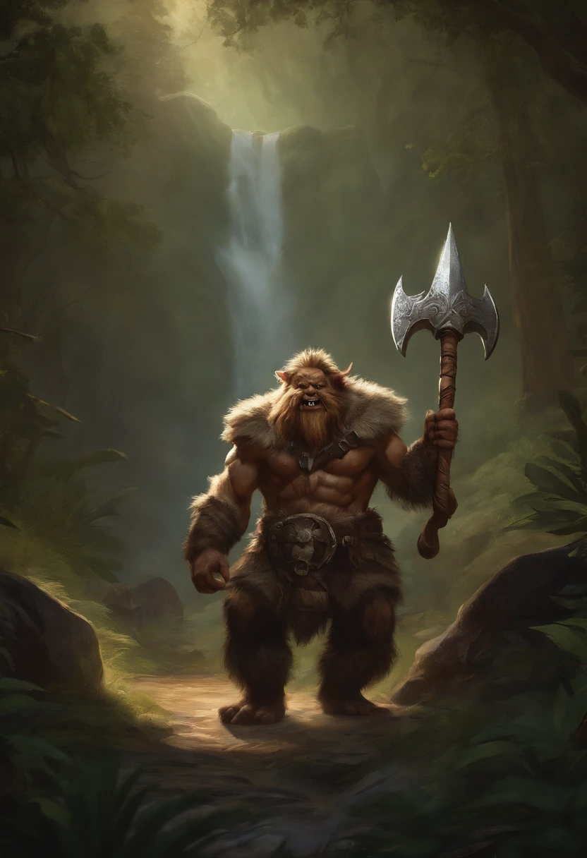 there is a painting of a troll with a hammer in his hand, bugbear, bugbear ranger, raging bugbear, epic full color illustration, grog strongjaw, fur-clad barbarian goliath, a druid, gnoll, tyler edlin fantasy art, troll, humblewood art style, high fantasy illustration, druid warrior, amazingly detailed d & d art