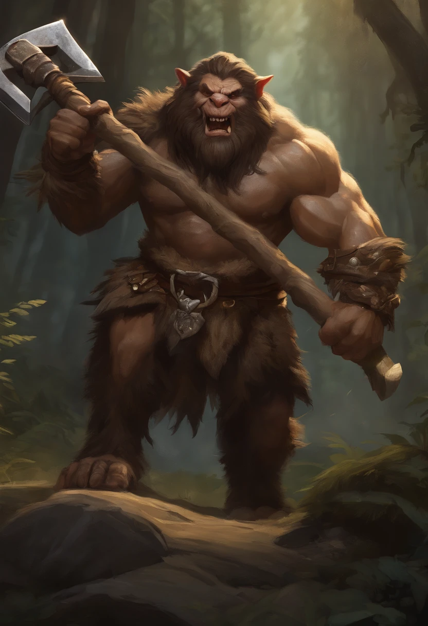 there is a painting of a troll with a hammer in his hand, bugbear, bugbear ranger, raging bugbear, epic full color illustration, grog strongjaw, fur-clad barbarian goliath, a druid, gnoll, tyler edlin fantasy art, troll, humblewood art style, high fantasy illustration, druid warrior, amazingly detailed d & d art