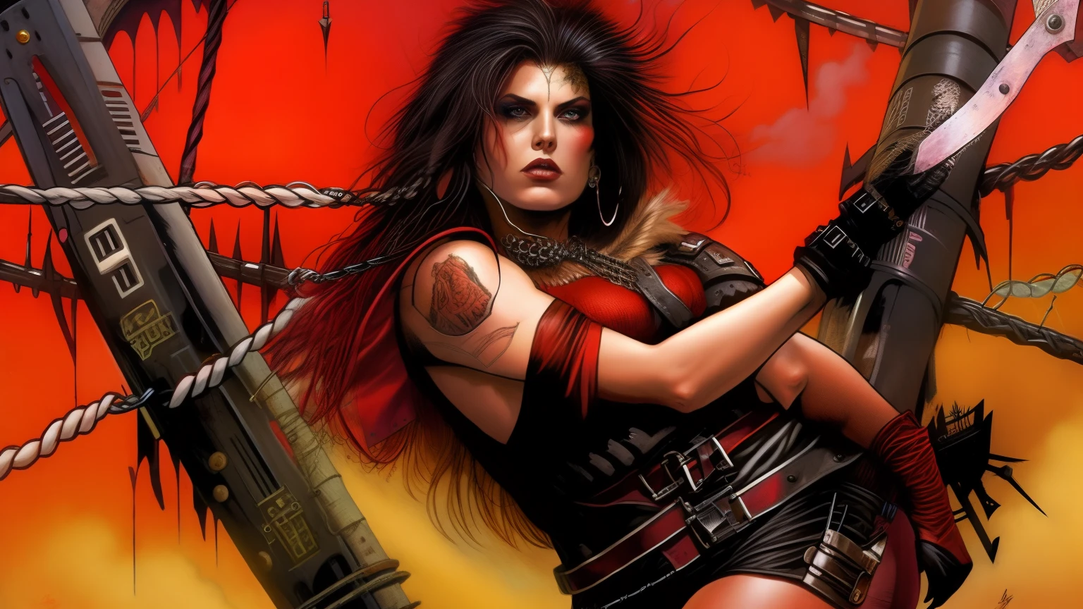 Post-apocalyptic female warrior (Ohwx woman) in Simon Bisley style for the cover of Heavy Metal magazine, wearing teared red shirt and black fishnets, with some barbed wires around her left leg thigh, scantily clad, art by Simon Bisley