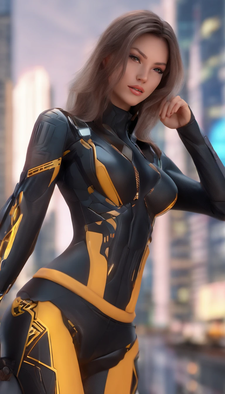 solo, super fine photo, full body picture Unreal Engine 5 8K UHD of a girl, wearing black tight shiny suit with cybernetic details, high-tech armor, long black glove, ponytail hair, half face cybernetic mask, cyberpunk character, futuristic city fantasy background, best quality, masterpiece, unified 8k wallpaper, super detailed, sharp focus, female pose