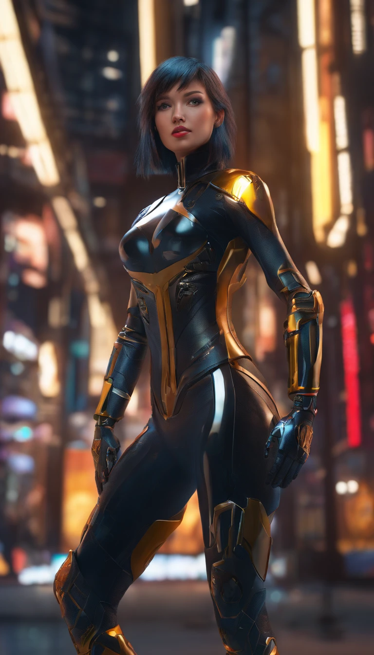 solo, super fine photo, full body picture Unreal Engine 5 8K UHD of a girl, wearing black tight shiny suit with cybernetic details, high-tech armor, long black glove, ponytail hair, half face cybernetic mask, cyberpunk character, futuristic city fantasy background, best quality, masterpiece, unified 8k wallpaper, super detailed, sharp focus, female pose