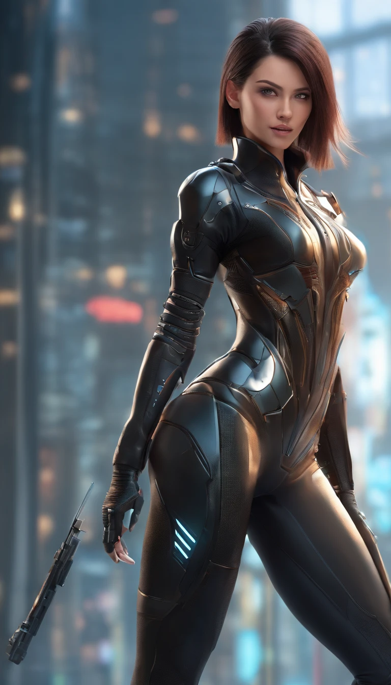 solo, super fine photo, full body picture Unreal Engine 5 8K UHD of a girl, wearing black tight shiny suit with cybernetic details, high-tech armor, long black glove, ponytail hair, half face cybernetic mask, cyberpunk character, futuristic city fantasy background, best quality, masterpiece, unified 8k wallpaper, super detailed, sharp focus, female pose