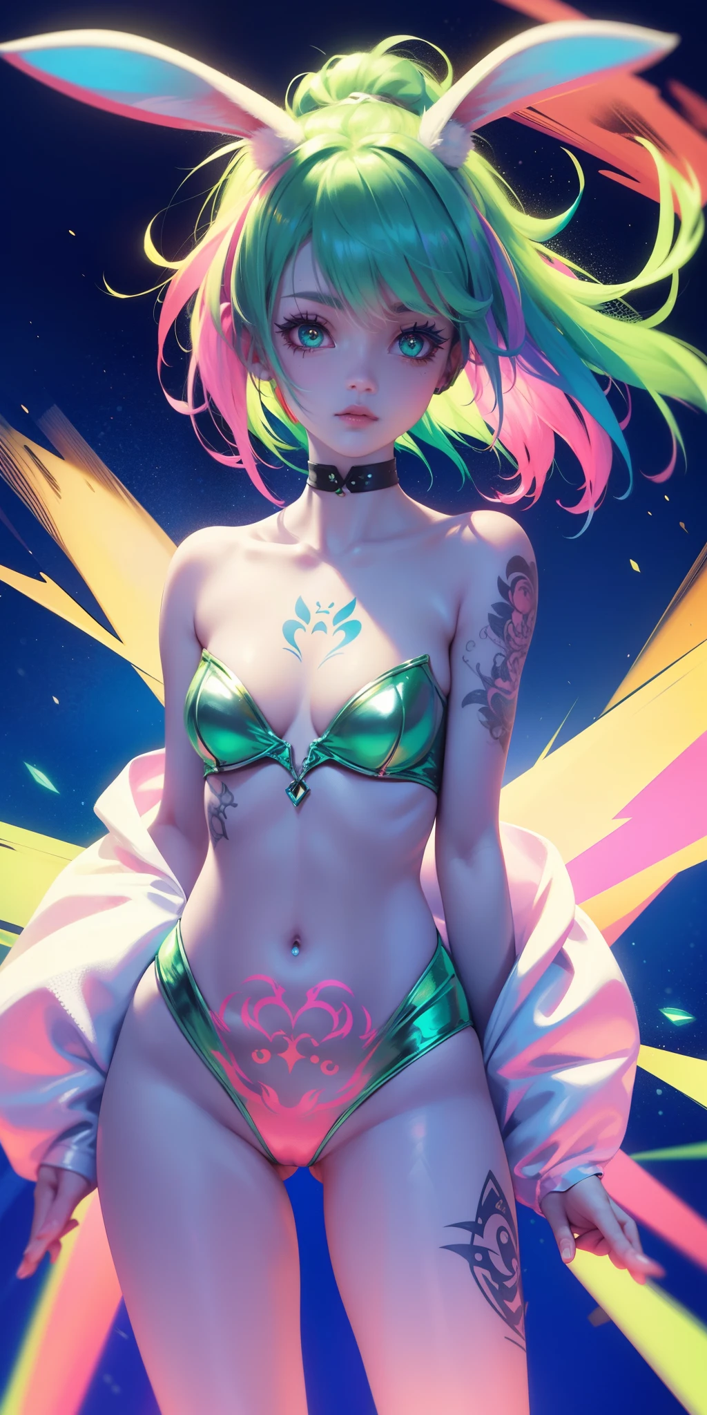 Rabbit technique , sci-fy, Fluffy , 
1girll, Tattoos, Glowing tattoos, Glowing eyes, Colorful glowing hair , （full bodyesbian）, Green hair,Open navel
  Kavitek, Pastel colors, kawaii, cutecolors,