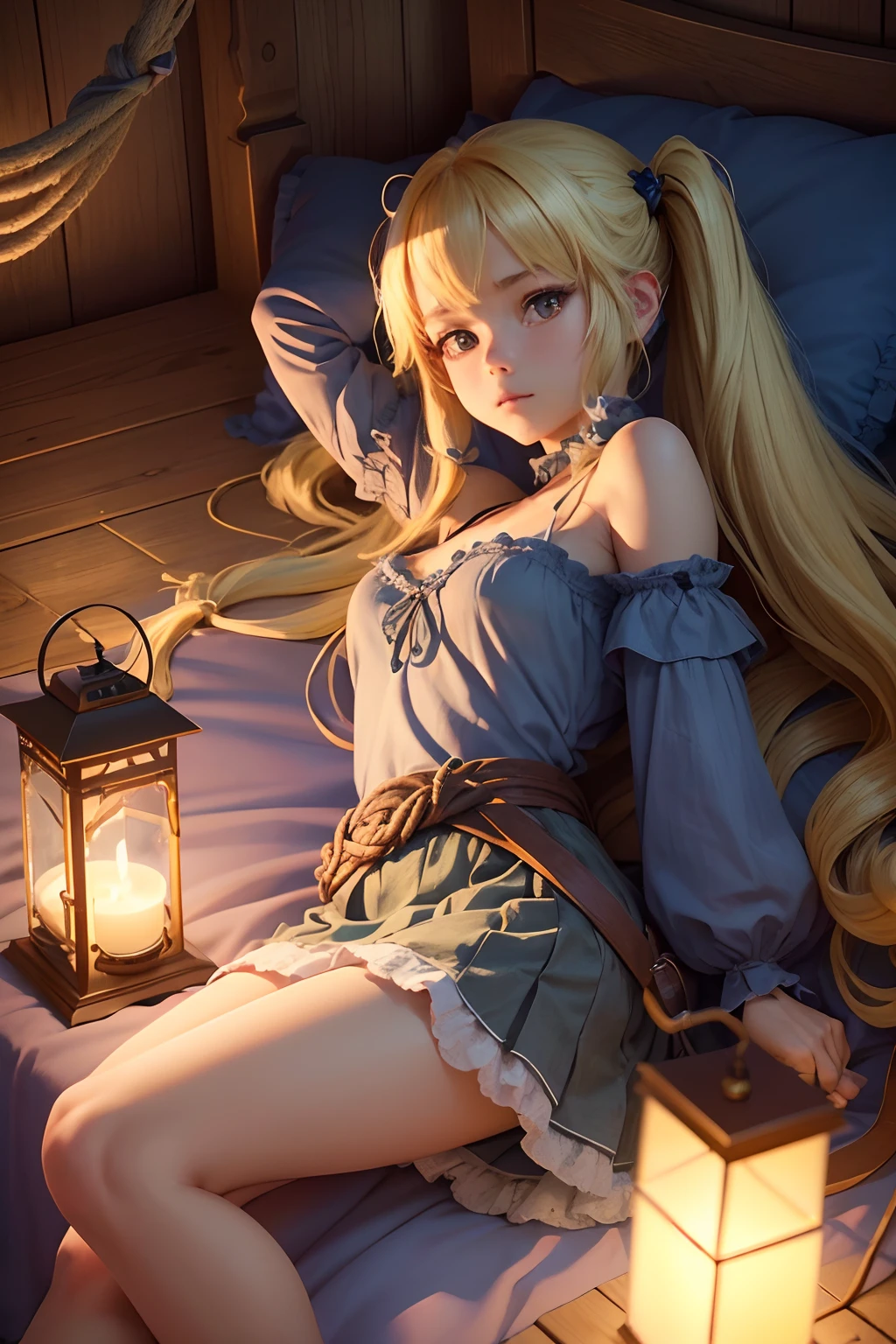(1girl in),,( absurdly , High quality , ultra-detailliert ),,(masutepiece),(lying on one's side on bed),(Twilight、Lit up),(Long-haired blonde twintails),((Priestly style)),(Cute 3D anime petite girl rendering),hyperdetailed face,Bare legged,Halo, Perfect face and nice perfect face,,Blue long skirt,(Fantasy Adventurer Style),(A rope is wrapped around the waist),Lantern light,Angle from the side,