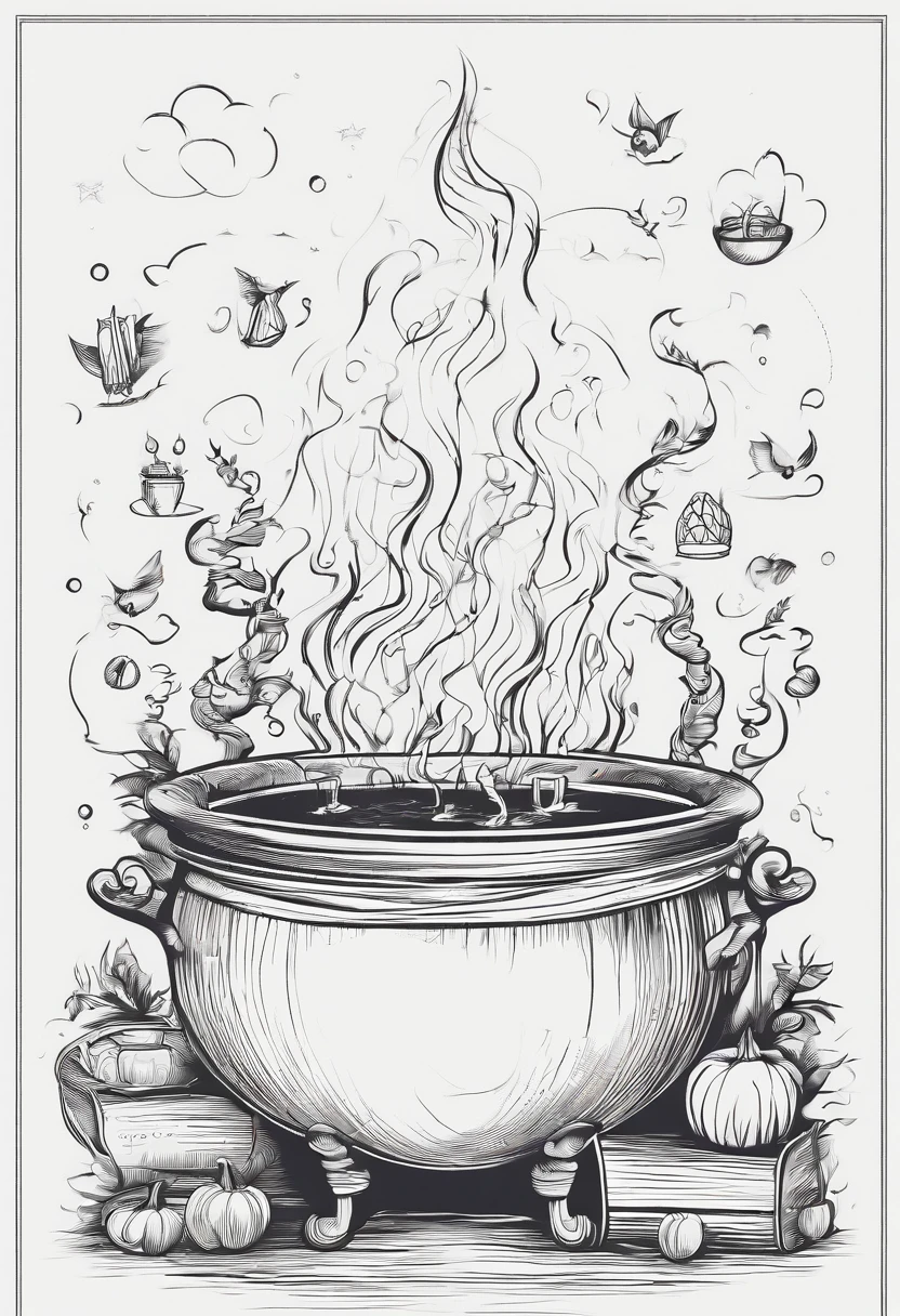 A witch's cauldron surrounded by bubbling potions.