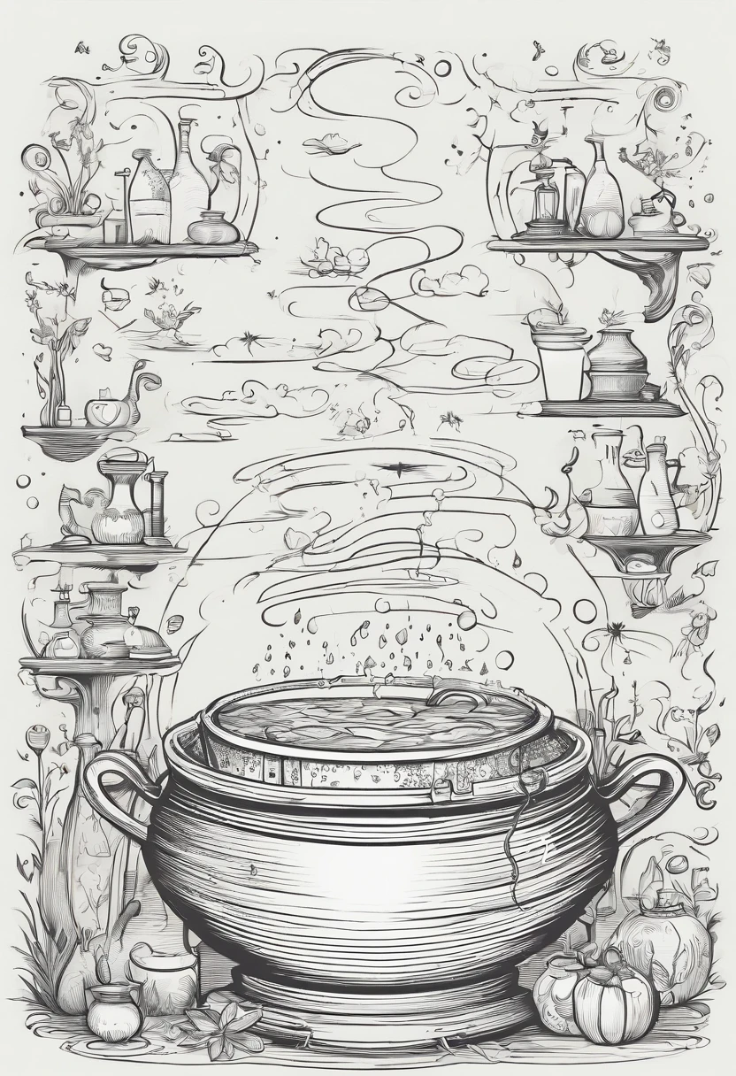 A witch's cauldron surrounded by bubbling potions.