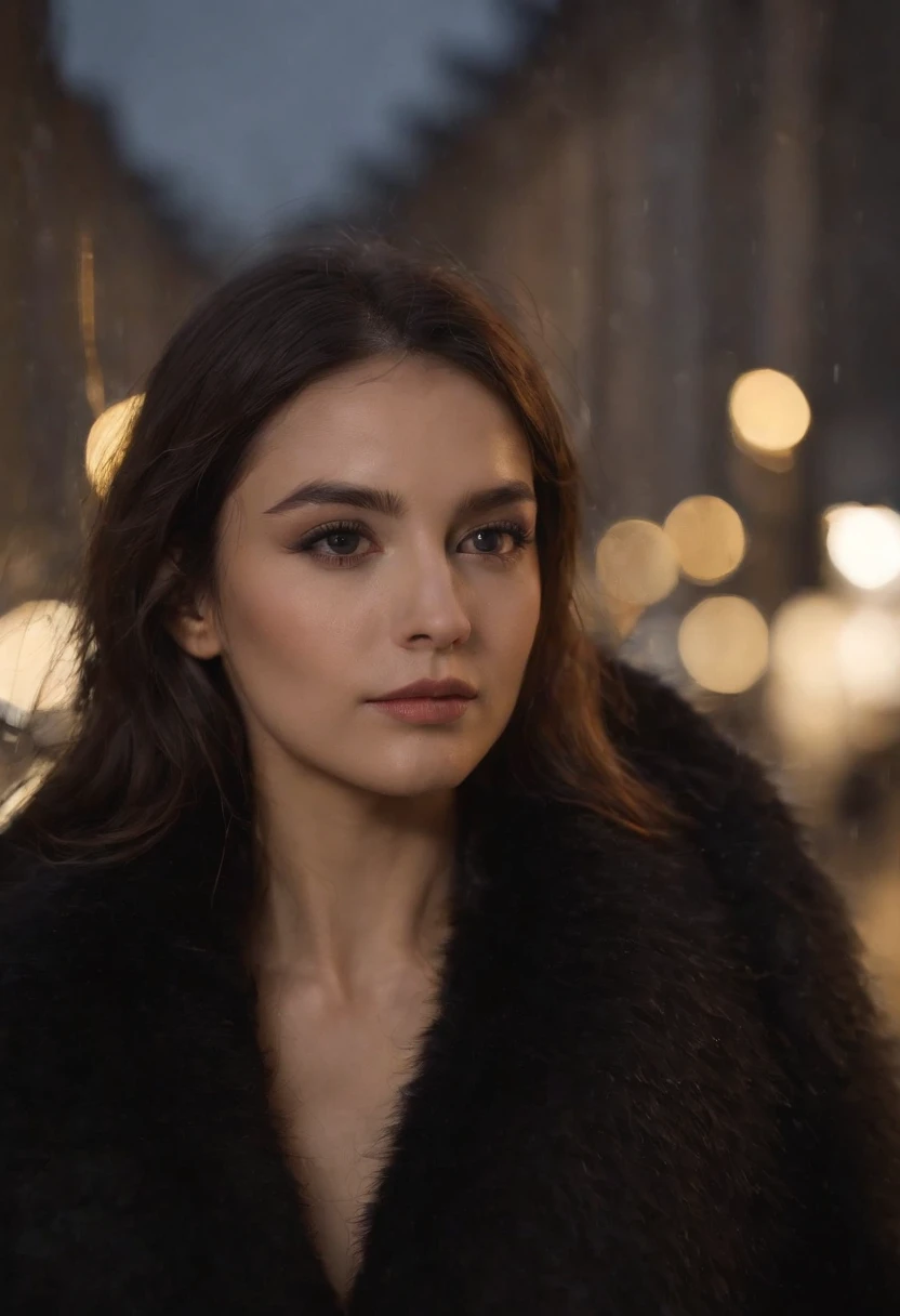 Fille par une nuit pluvieuse，cheveux noir, Lentille avant，Street background （closeup shot：1.6），beste-Qualit，f / 1 photographie HD T bokeh，Depth of field Macro The atmosphere is sad