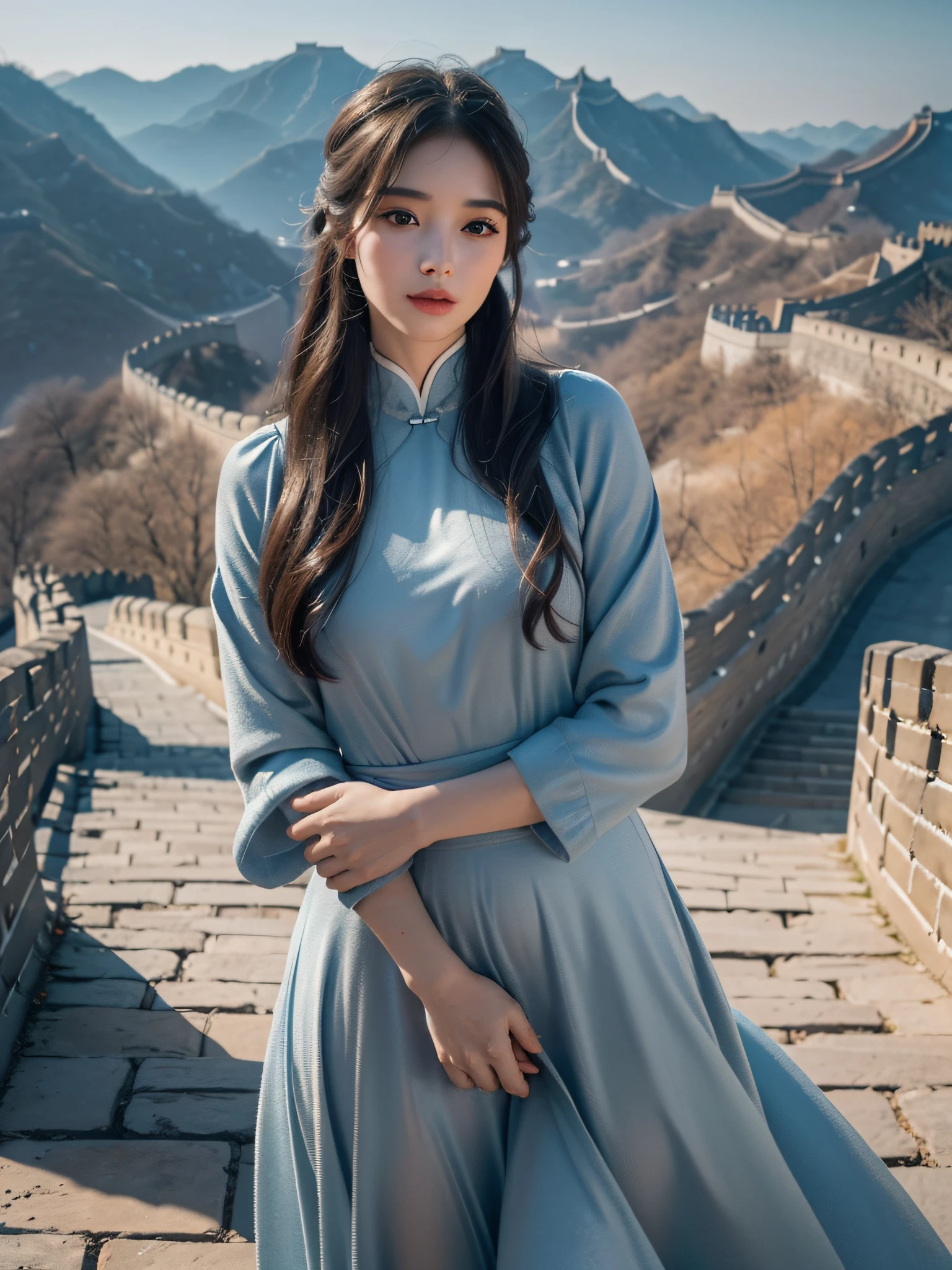 1 girl, On the Great Wall of China,full body, eautiful detailed eyes,beautiful detailed lips,Extremely detailed eyes and face,Long eyelashes, enchanting landscape,(Best quality,4K,8K,A high resolution,Masterpiece:1.2),Ultra-detailed,(Realistic,Photorealistic,photo-realistic:1.37), sexy dress, skirt, looking at viewer