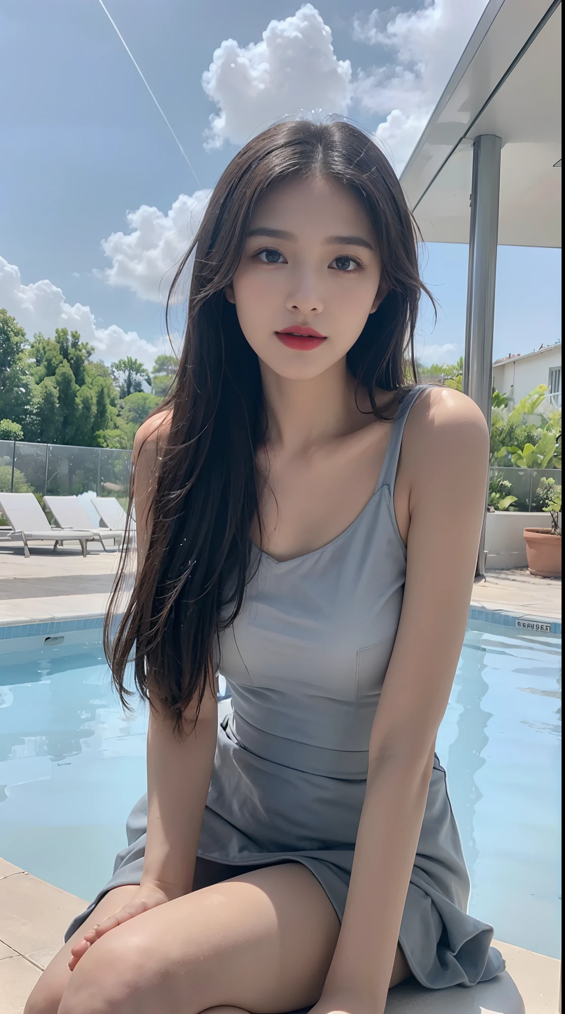 ((best qualtiy, 8K, tmasterpiece:1.3)), A pretty maiden,Pure,Melon seed face,gentle and cute,A sweet smile,Pure desire,Thin stature,(frontage),(Tilt your head),staring right into camera,uniform, Obi, formal,Black silky long, Straight hair,Long hair flowing over the shoulders,round black big eyes,Clear big eyes,Hydrated red lips,Sweet,Sitting next to the pool,with blue sky and white clouds,Blue skies,