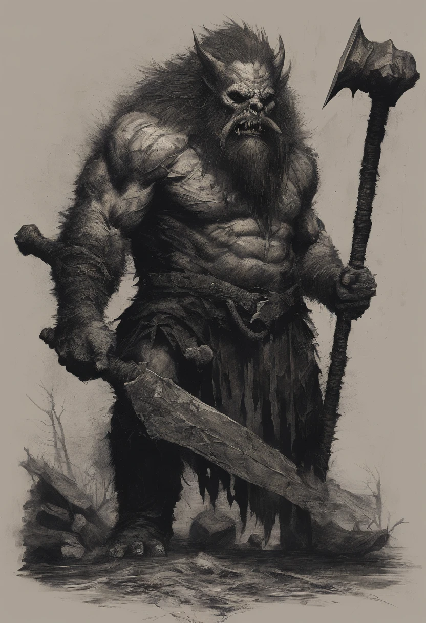 there is a painting of a troll with a hammer in his hand, bugbear, bugbear ranger, raging bugbear, epic full color illustration, grog strongjaw, fur-clad barbarian goliath, a druid, gnoll, tyler edlin fantasy art, troll, humblewood art style, high fantasy illustration, druid warrior, amazingly detailed d & d art