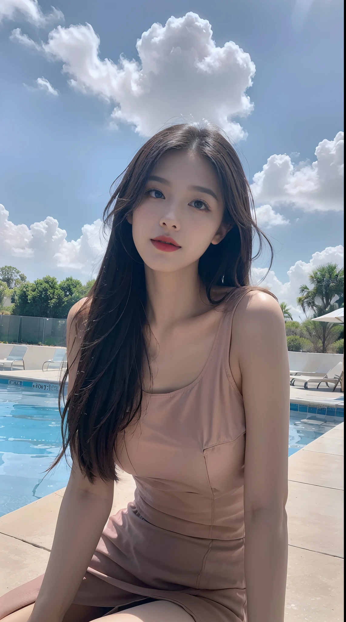 ((best qualtiy, 8K, tmasterpiece:1.3)), A pretty maiden,Pure,Melon seed face,gentle and cute,A sweet smile,Pure desire,Thin stature,(frontage),(Tilt your head),staring right into camera,uniform, Obi, formal,Black silky long, Straight hair,Long hair flowing over the shoulders,round black big eyes,Clear big eyes,Hydrated red lips,Sweet,Sitting next to the pool,with blue sky and white clouds,Blue skies,