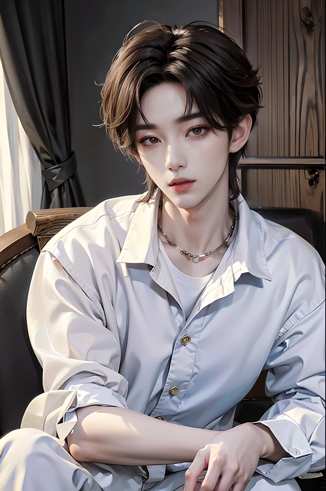 ​masterpiece、（top-quality)、((high-level image quality))、One Manly Boy、((White Y-shirt and long black pants))、(Detailed beautiful eyes)、Stylish homeroom、Take a selfie while sitting with your back to the wall、Face similar to Chaewon in Ruseraphim、((short hair above the ears))、((Smaller face))、((Neutral face))、((Light brown eyes))、((Korean boy))、((18year old))、((Handsome man))、((Wild look))、((Korean Makeup))、((elongated and sharp eyes))、((selfy))、((Selfie near the face))、((Close-range shooting))