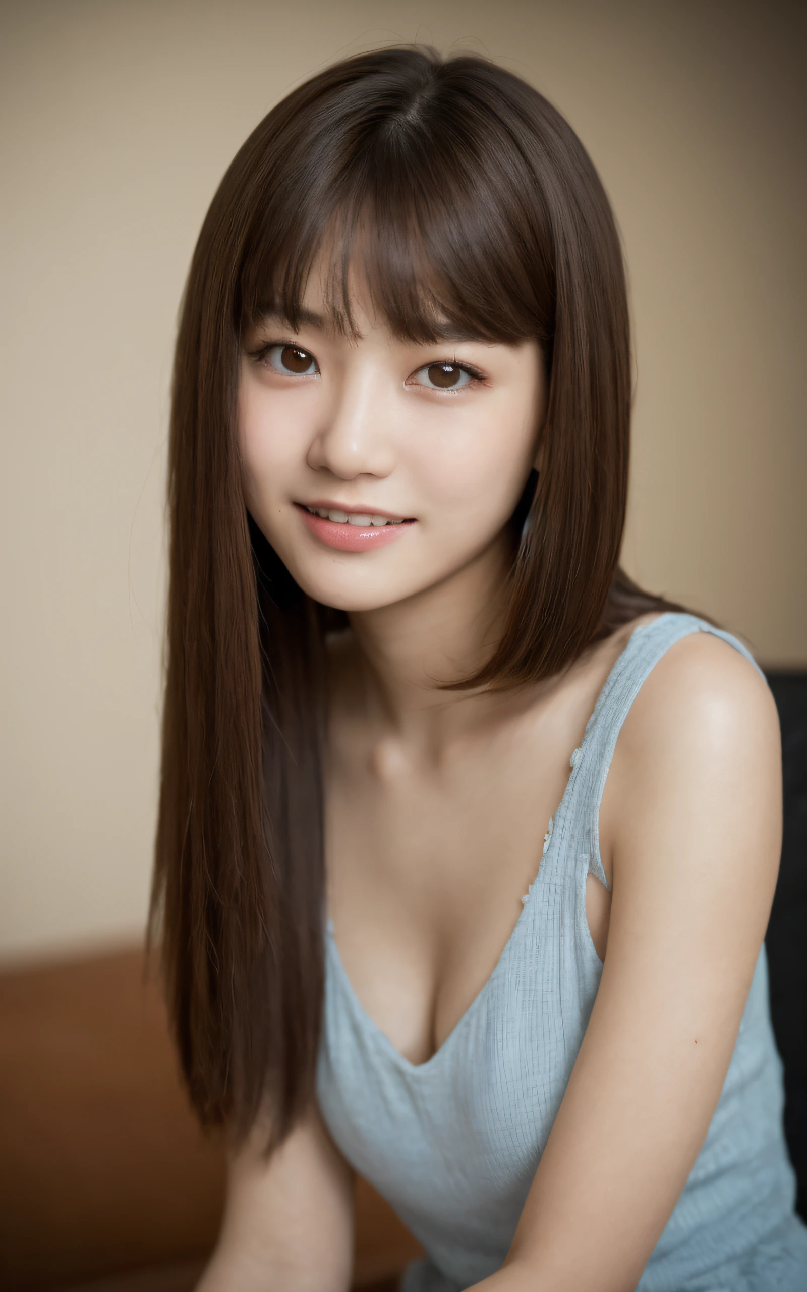 Top quality, realistic, perfect human body structure, very detailed, very delicate and beautiful, RAW photography, living room, professional lighting, luminescence, depth of field, single focal, full body,  girl, smile, brown hair, small head, ((big)), baby face,  eyes, real face, realistic skin, detailed eyes, (fashionable hairstyle: 1.3), bangs, gravure idol, absurderes、Incredibly Ridiculous res、Extremely fine,