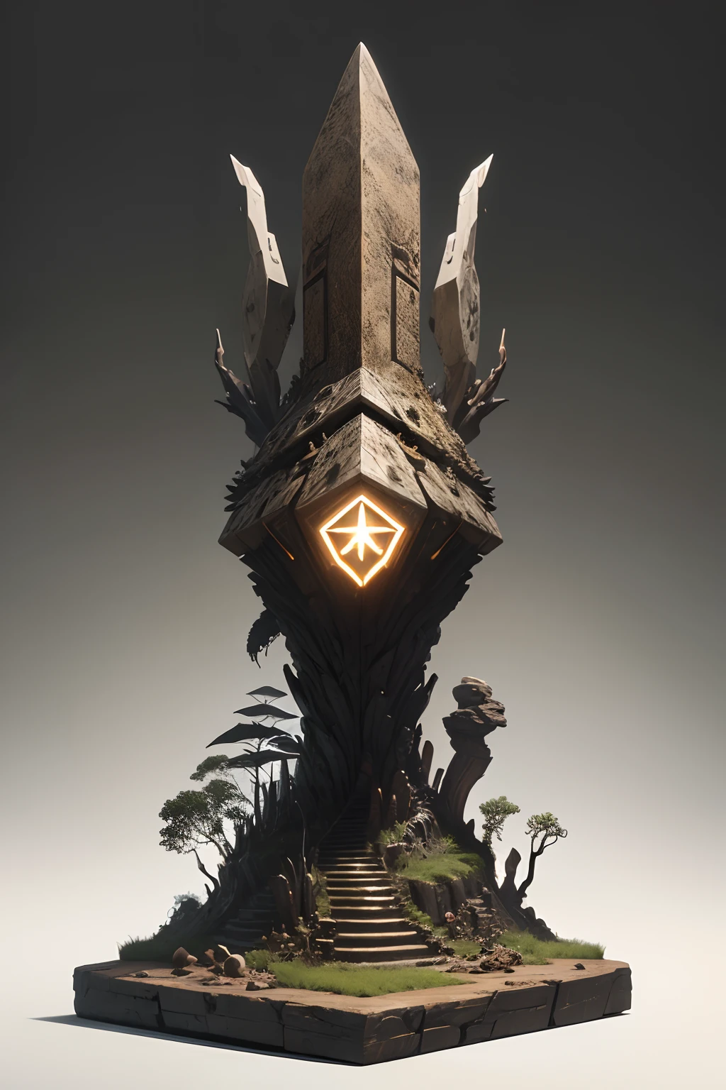 Base with theme of the movie Predator Prey with primitive theme in bone and earth with exagonal shape and strange symbols and metallic ornaments