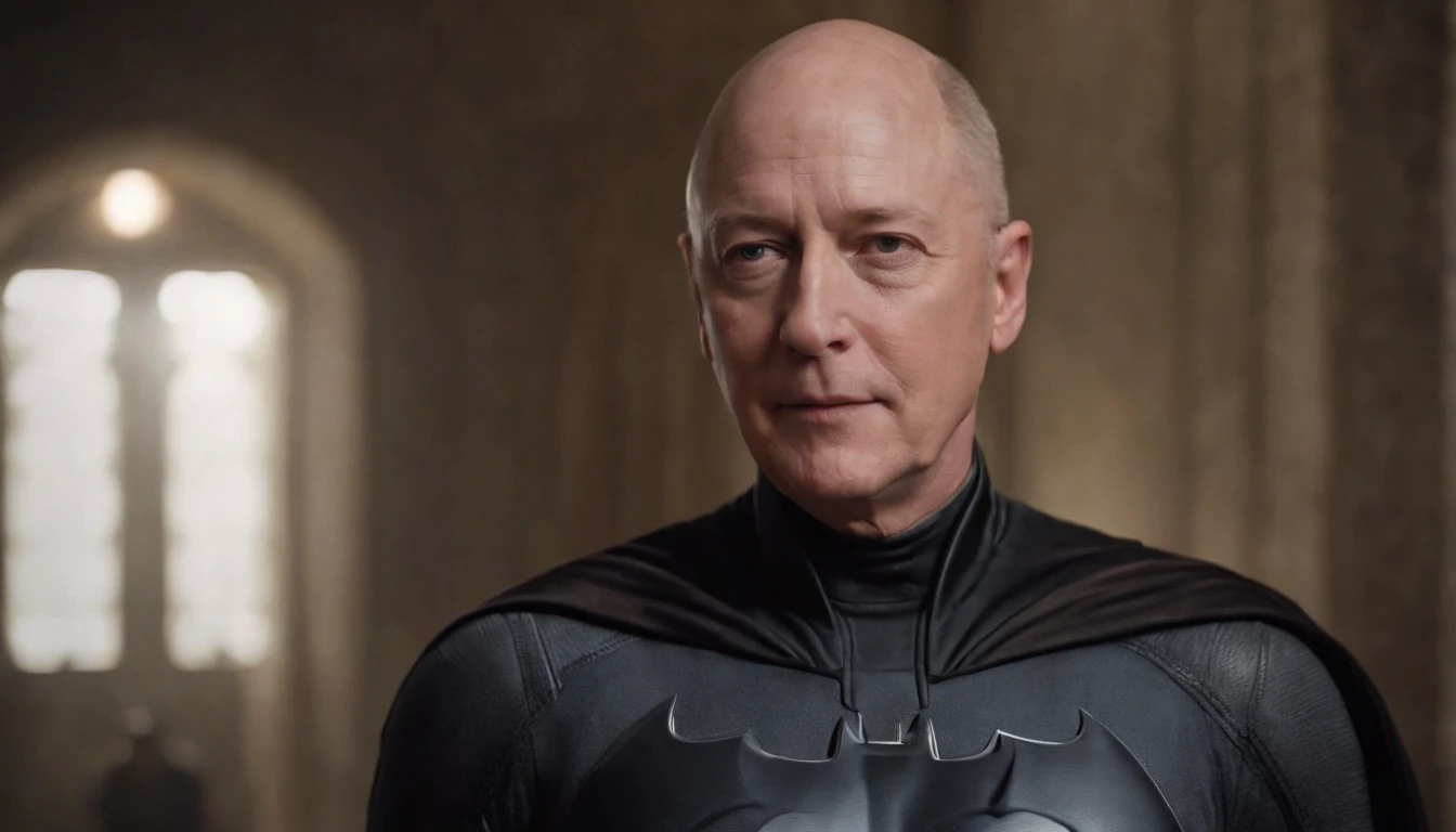 James Spader face, 63-year-old,2022, Oldman, bald, without hair, smiling face, muscle, wear a batman costume Take off your mask, Full-body image.