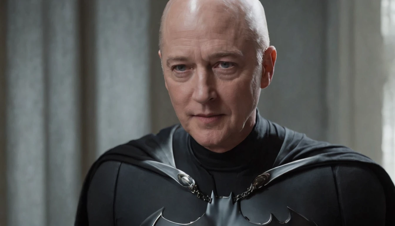 James Spader face, 63-year-old,2022, Oldman, bald, without hair, smiling face, muscle, wear a batman costume Take off your mask, Full-body image.