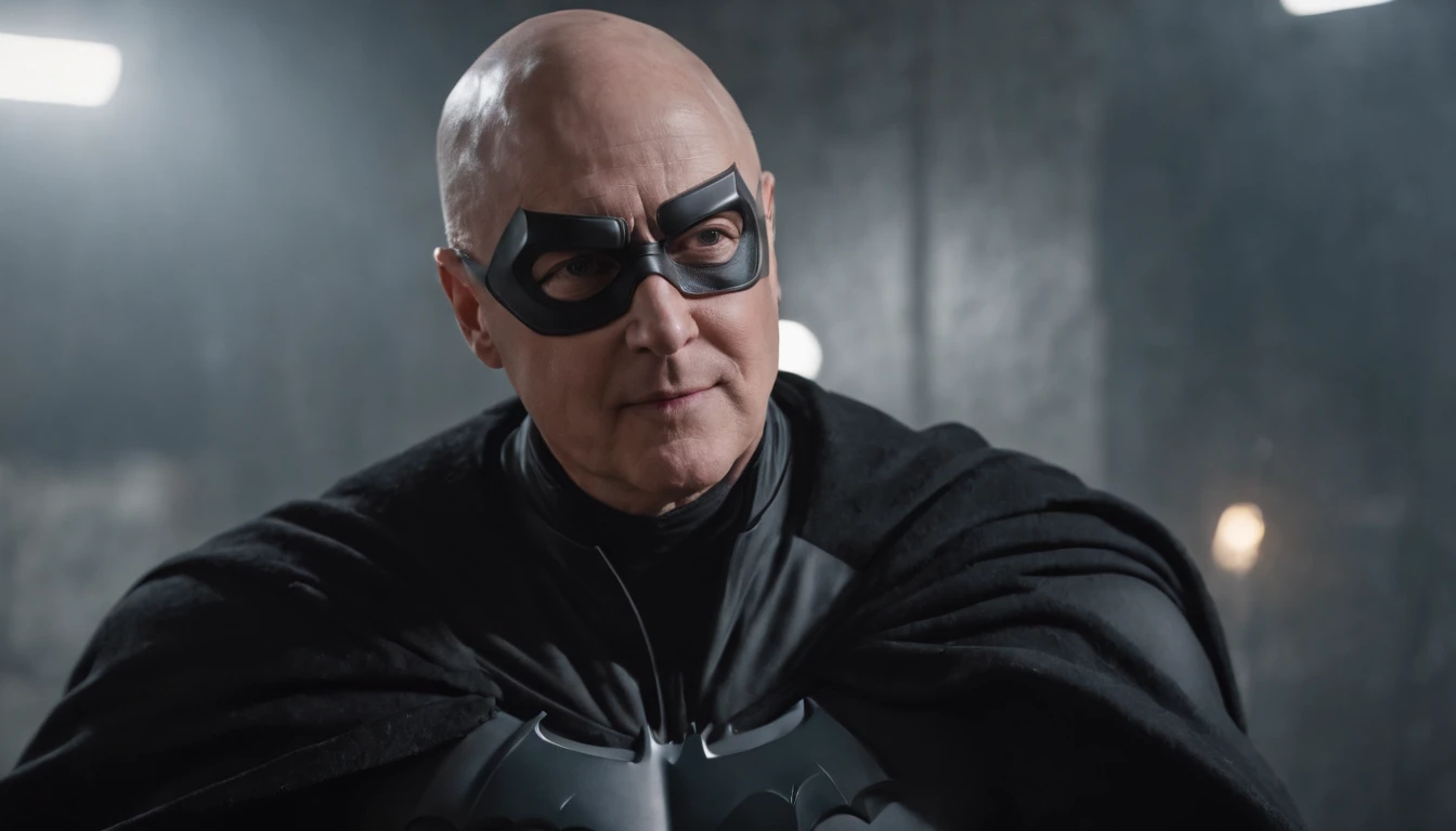 James Spader face, 63-year-old,2022, Oldman, bald, without hair, smiling face, muscle, wear a batman costume Take off your mask, Full-body image.