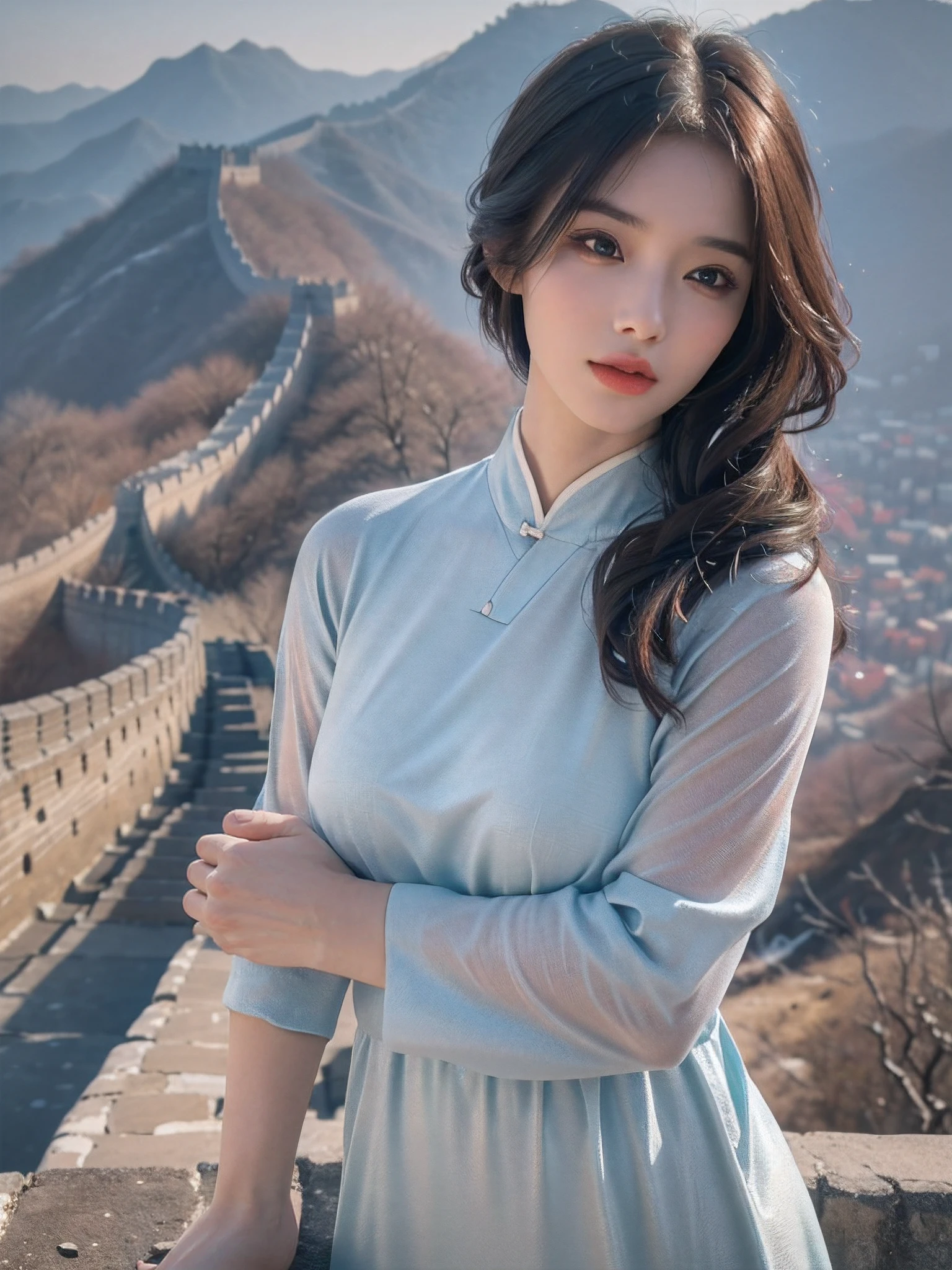 1 girl, On the Great Wall of China,full body, sportswear, eautiful detailed eyes,beautiful detailed lips,Extremely detailed eyes and face,Long eyelashes, enchanting landscape,(Best quality,4K,8K,A high resolution,Masterpiece:1.2),Ultra-detailed,(Realistic,Photorealistic,photo-realistic:1.37), sexy dress, looking at viewer
