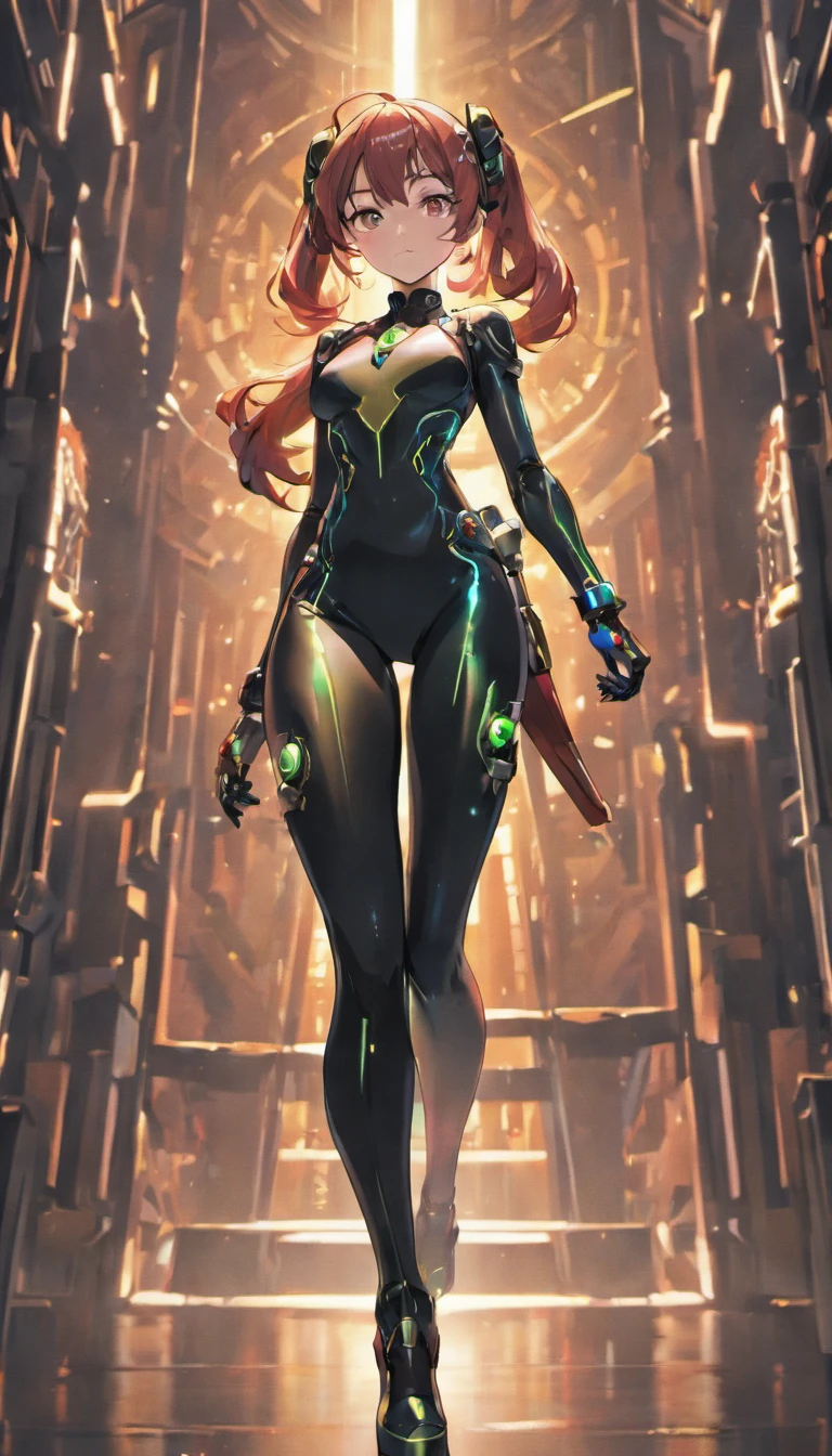 solo, super fine photo, full body picture Unreal Engine 5 8K UHD of a girl, wearing black tight shiny suit with cybernetic details, high-tech armor, long black glove, ponytail hair, half face cybernetic mask, cyberpunk character, futuristic city fantasy background, best quality, masterpiece, unified 8k wallpaper, super detailed, sharp focus, female pose