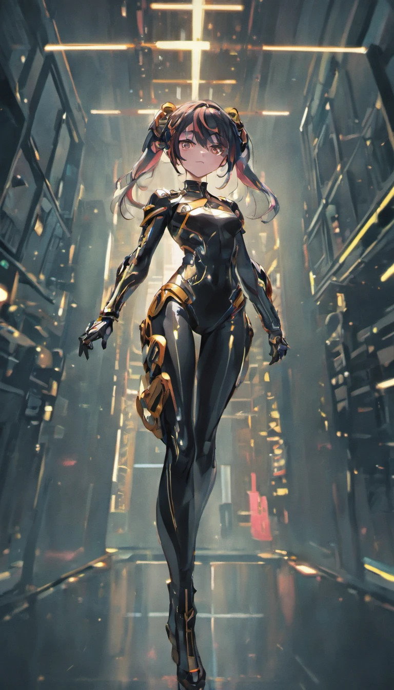 solo, super fine photo, full body picture Unreal Engine 5 8K UHD of a girl, wearing black tight shiny suit with cybernetic details, high-tech armor, long black glove, ponytail hair, half face cybernetic mask, cyberpunk character, futuristic city fantasy background, best quality, masterpiece, unified 8k wallpaper, super detailed, sharp focus, female pose