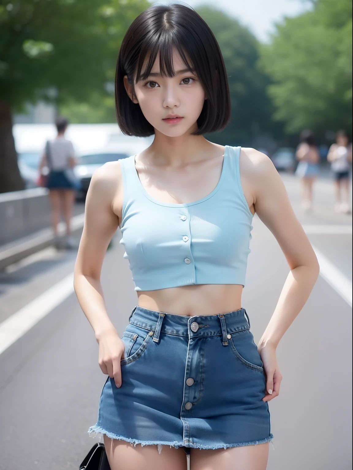 Knees，小柄，Short stature，small tits，Denim skirt，Light blue crop top look，年轻，teens girl，A dark-haired，Twin-tailed，uneasy