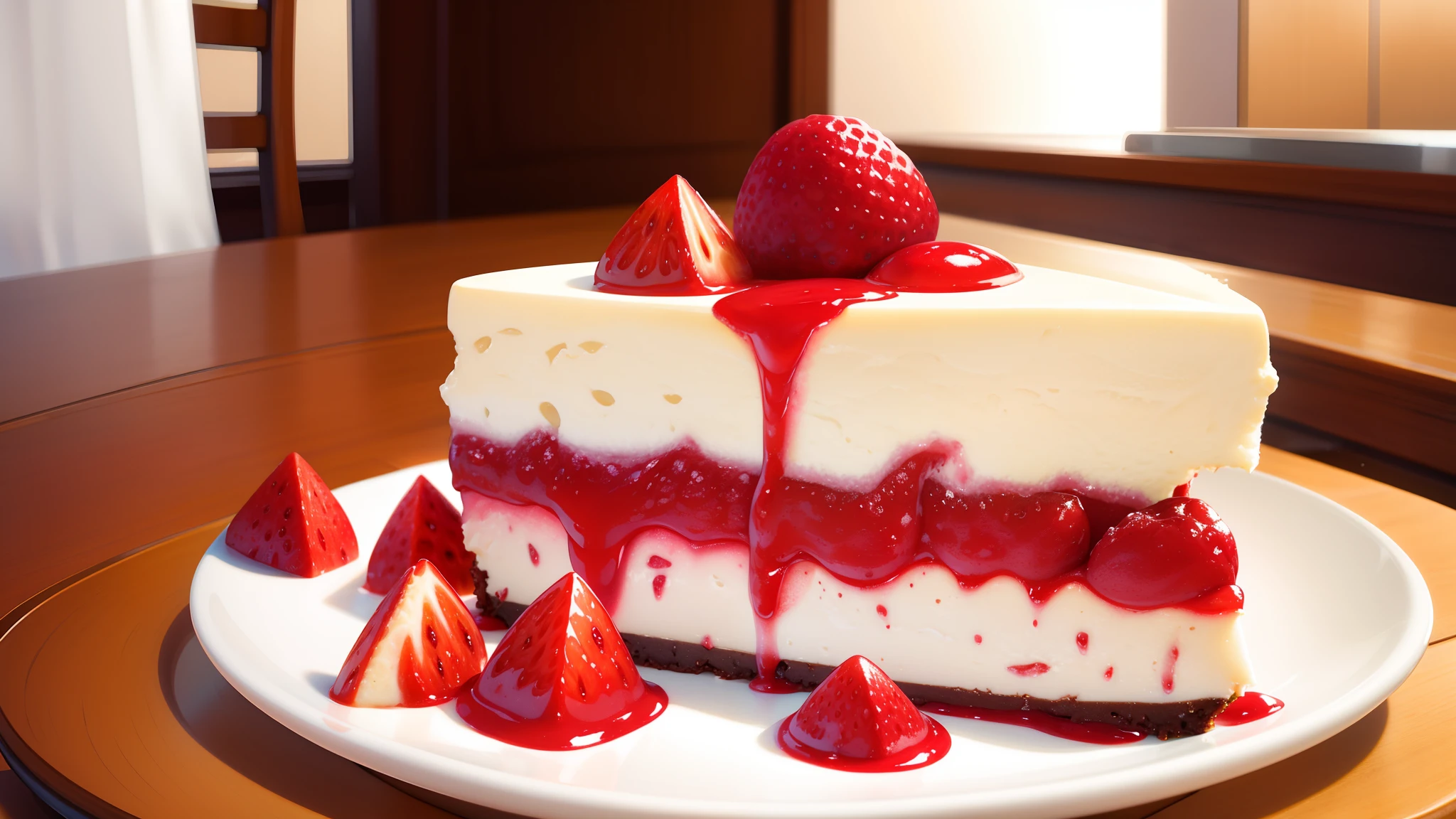 Culinary Photography, delicious cheesecake, red fruits, mouthwatering, close - up, vibrant colors, natural lighting, appetizing mood, indoor setting, 30mm wide - angle lens