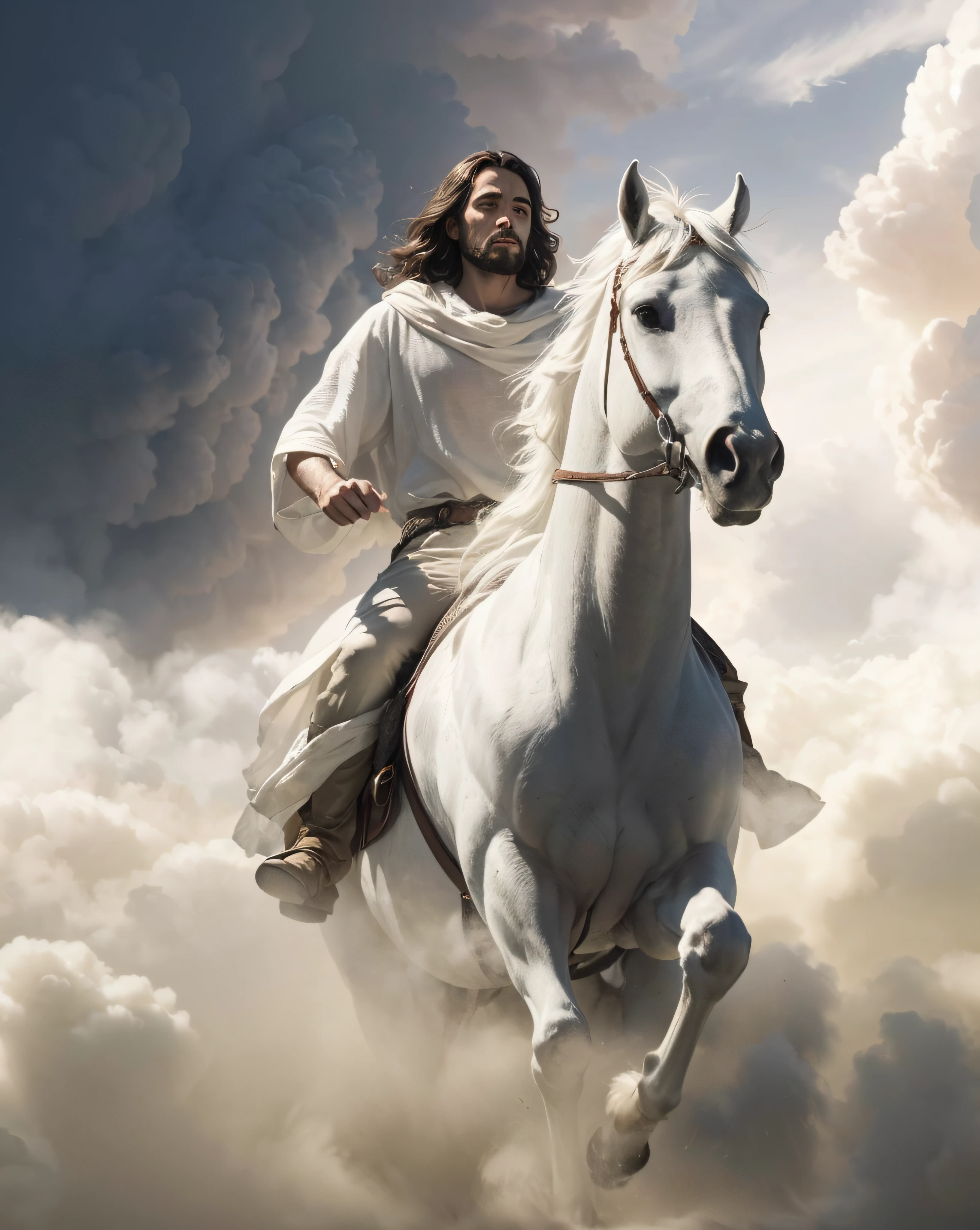 Jesus Cristo emontado em um cavalo branco, Super resolution AMD FidelityFX 3, efeitos brilhantes, textura extremamente detalhada, fotografado com Canon EOS 5D Mark IV.