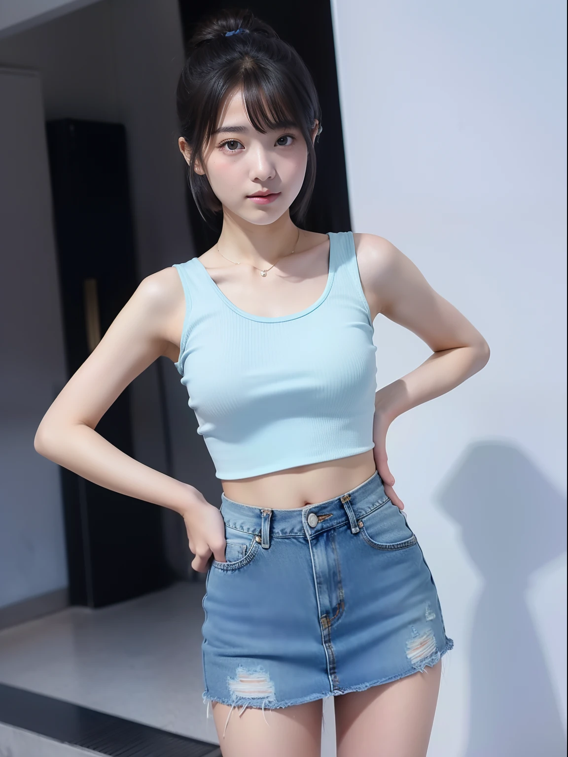 There is a woman standing in a room wearing a blue shirt, blue tight t-shirt, Gorgeous young Korean woman, taken with canon eos 5 d mark iv, 8K selfie photo, photo of slim girl model, beautiful Korean women, korean female fashion model, photo taken with sony a7r, Open V chest clothes