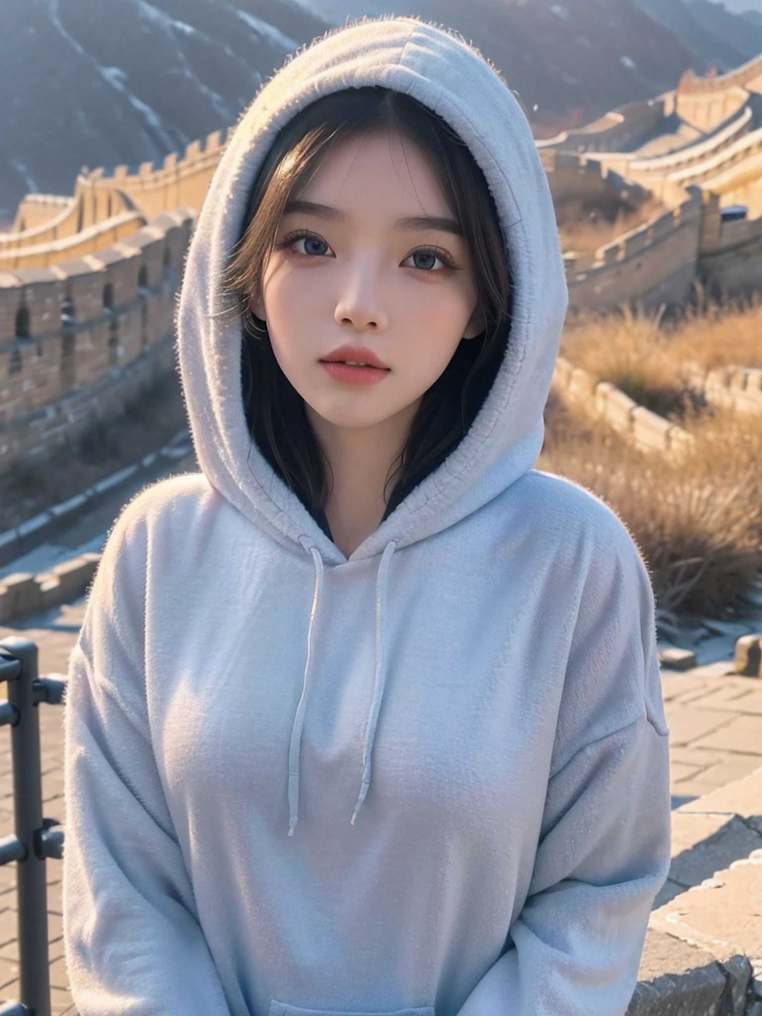 1 girl, On the Great Wall of China,full body, colorful hoodie, eautiful detailed eyes,beautiful detailed lips,Extremely detailed eyes and face,Long eyelashes, enchanting landscape,(Best quality,4K,8K,A high resolution,Masterpiece:1.2),Ultra-detailed,(Realistic,Photorealistic,photo-realistic:1.37), sexy dress, looking at viewer