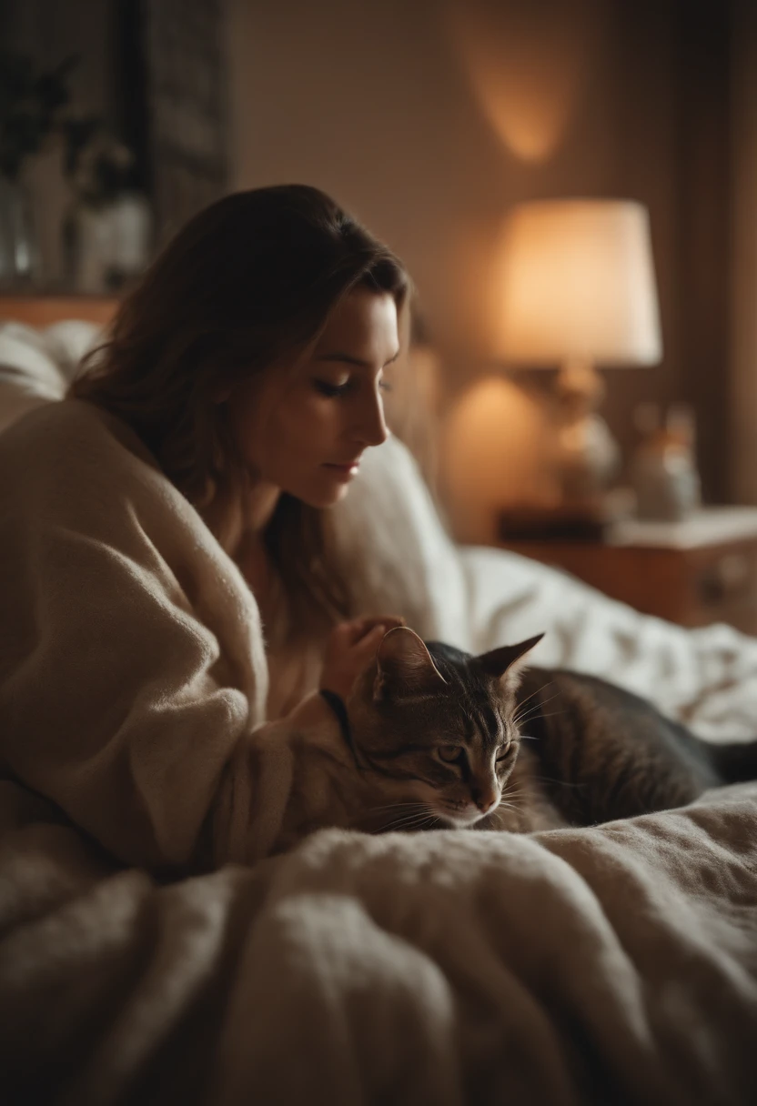 Woman dressed in comfortable clothes on her bed with her cat touching her nose, estilo anos 80, tiro de meio corpo, foto de alta qualidade.
