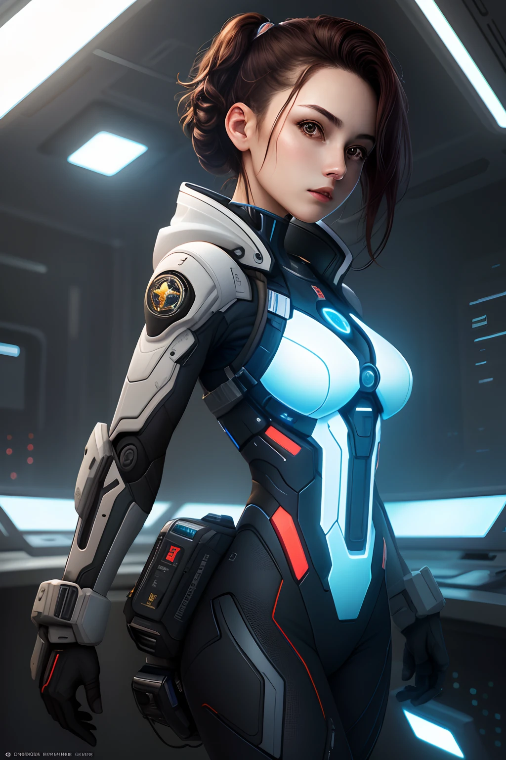 masterpiece、top-quality、realisitic、ultra-detailliert、SFW、head shot、Portrait of a young woman、starsector、Sci-fi style suit、High-tech gadgets、Turn your head to the right、