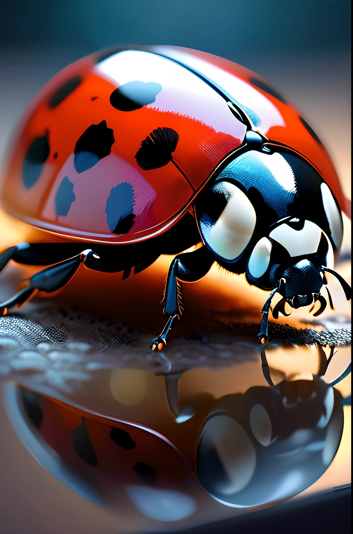 Mariquita Araffe sobre una superficie reflectante con su reflejo, mariquita, Robots mariquita, Enorme nave nodriza mariquita, Beautiful close-up macro images, Arte macro, Mariquitas, macro photography, Award-winning macro photography, ultra realistic 3d illustration, Beautiful macro photography, very detailed illustration, Highly detailed illustration, ultrarealistic illustration, 8K macro photography, ultra realistic illustration