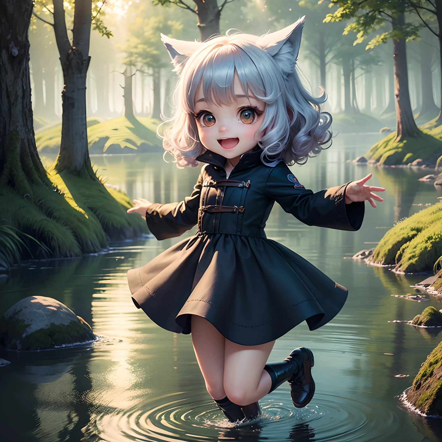 ​masterpiece、top-quality、ultra-detailliert、(Wolf's daughter:1.2)、(Chibi Chara:1.1)、wraith、Curly hair、Open your mouth and smile、lake in the middle of a forest、Jumping、Rainbow Light、the morning sun、rainbows