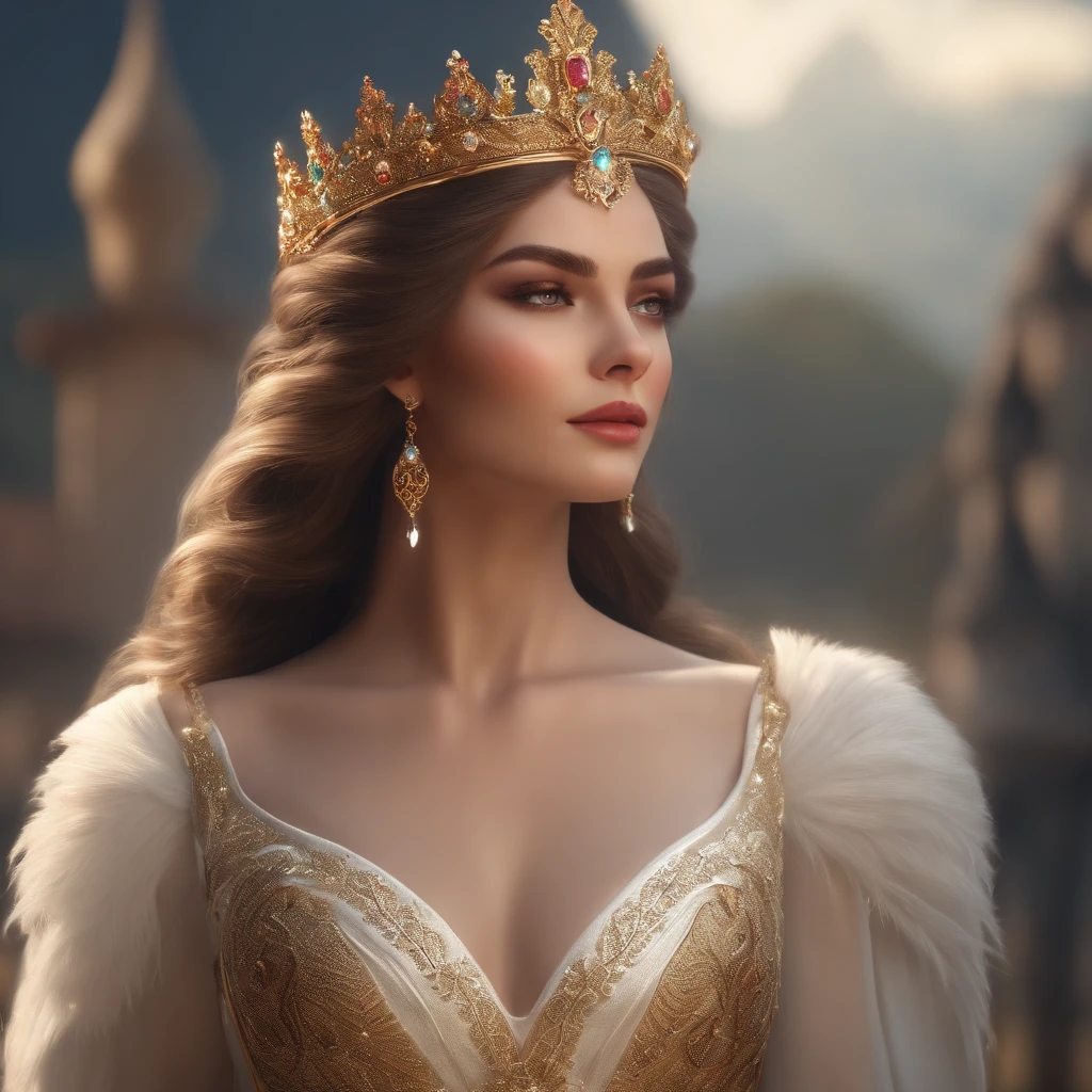 There is a woman in white dress，with a crown on her head, A beautiful fantasy queen, ((beautiful fantasy empress)), portrait of a princess, Guviz-style artwork. 5D CGI anime fantasy artwork, 8k high quality detail art