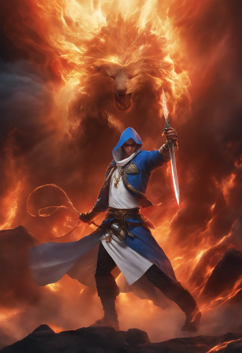 1boy, wearing white jacket, wearing scarf, glowing red eyes, masterpiece, serious, blue fire, aura, burned clothes, fighting, mad, frown, blood, scar, blue fiery hair, blue fire breath, exploding, bleed, gore, scars on eyes, light aura, golden aura, rainbow ring, omnipotent, fighting stance, sweating, godly ability, crystal, snow, raging, menacing background, dramatic pose, intense lighting, epic fight, impact and movement, intense fight, epic battle scene, energetic strokes, chaotic energy, raw power, adrenaline rush, armor, smoke, storm, dark atmosphere, electrifying atmosphere, vivid colors, holding sword, eyes trail