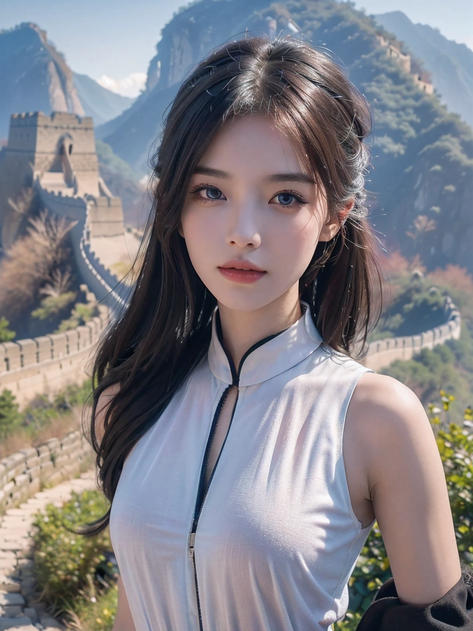 1 girl, On the Great Wall of China,full body, colorful sleeveless shirt, eautiful detailed eyes,beautiful detailed lips,Extremely detailed eyes and face,Long eyelashes, enchanting landscape,(Best quality,4K,8K,A high resolution,Masterpiece:1.2),Ultra-detailed,(Realistic,Photorealistic,photo-realistic:1.37), sexy dress, looking at viewer