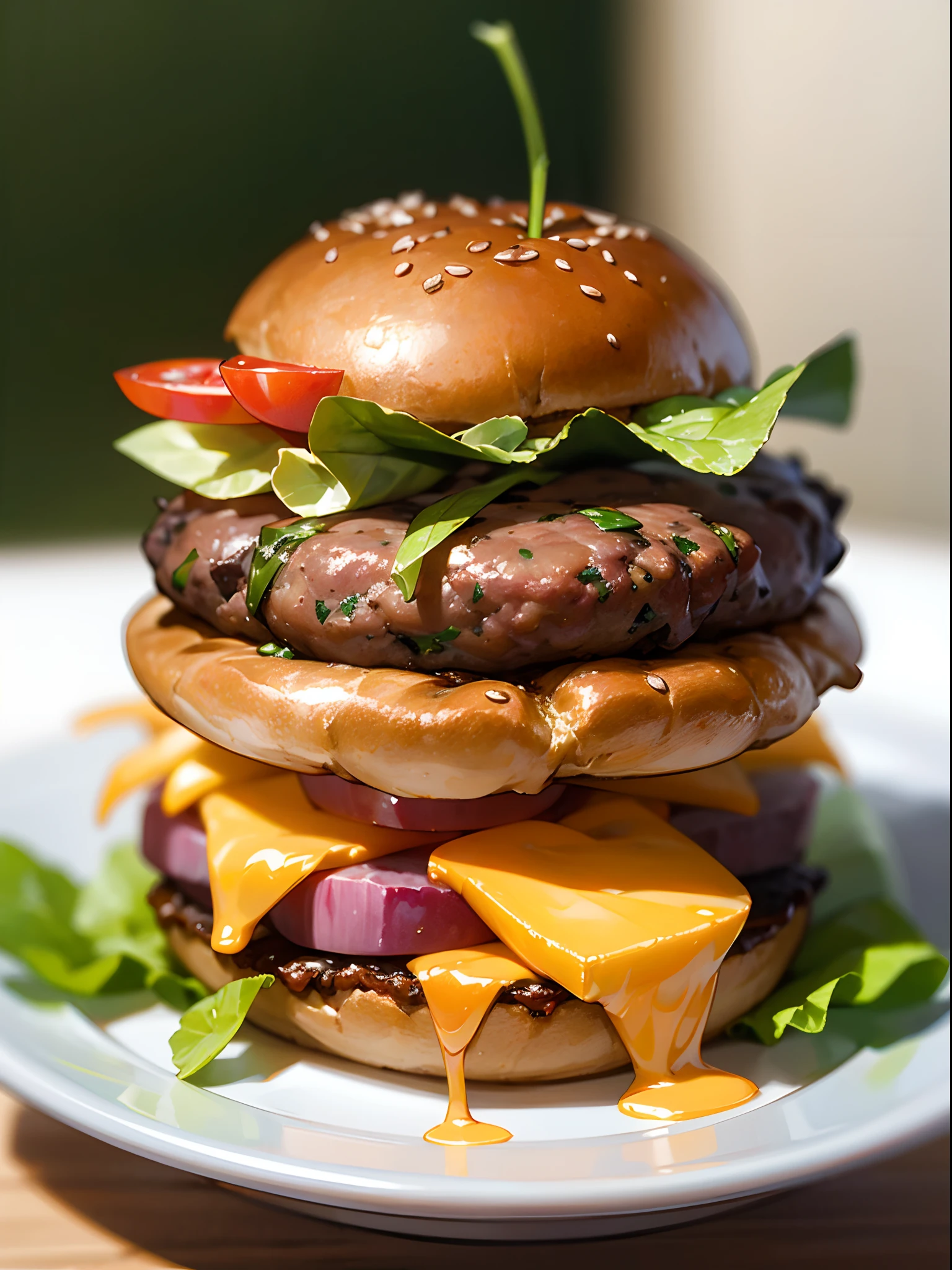 (Best Quality,hight resolution,Ultra-detailed),Eating a hamburger, Silver hair, Blue eyes, Hamburger, cup, lettuce, fruits, tomatoes, onion, bowl, Bokeh background, food, closeup at the food, still-life, Blurred, depth of fields, Verdure, cheese
