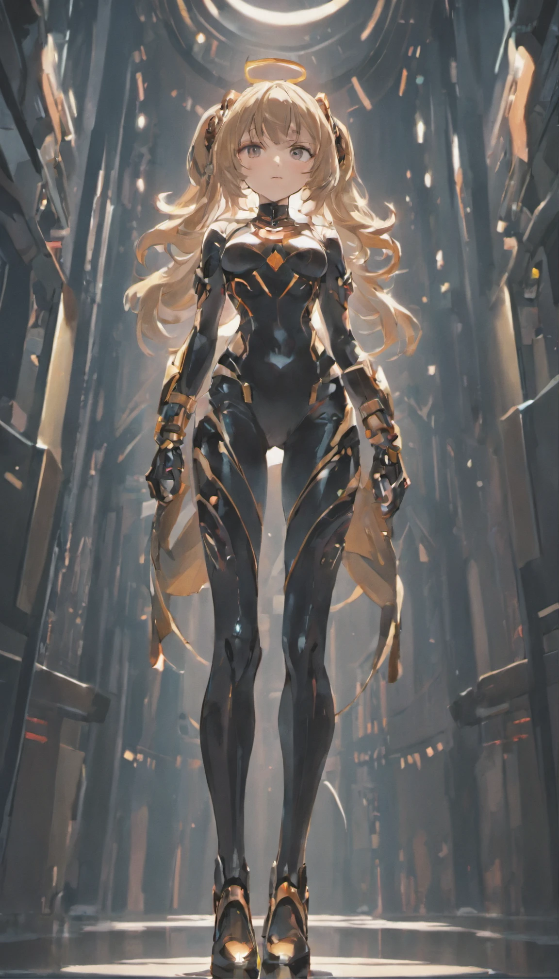 solo, super fine photo, full body picture Unreal Engine 5 8K UHD of a girl, wearing black tight shiny suit with cybernetic details, high-tech armor, long black glove, ponytail hair, half face cybernetic mask, cyberpunk character, futuristic city fantasy background, best quality, masterpiece, unified 8k wallpaper, super detailed, sharp focus, female pose