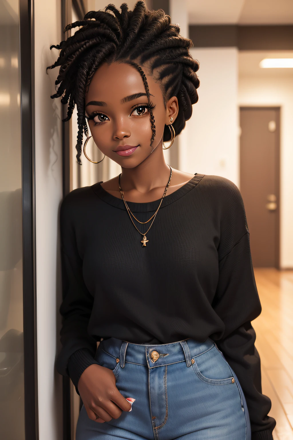black young girl in her 20s with styled briads looking away from the camera smiling