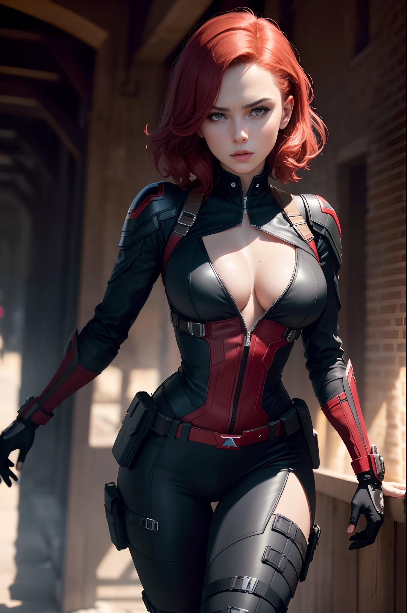 1girl, Full body, Natasha Romanoff style of the Black Widow (from marvel studios) costume, medium breasts, cleavage, dynamic pose, (masterpiece, best quality, detailed skin texture, detailed cloth texture, beautiful detailed face, intricate details, ultra detailed), Short red hair, dynamic pose, (Best quality, A high resolution, Photorealistic, primitive, 8K,Masterpiece, ),Best quality, Masterpiec8K.hdr. High ribs:1.2, filmgrain, Blur bokeh:1.2, Lens flare, (vivd colour:1.2), (Delicate),