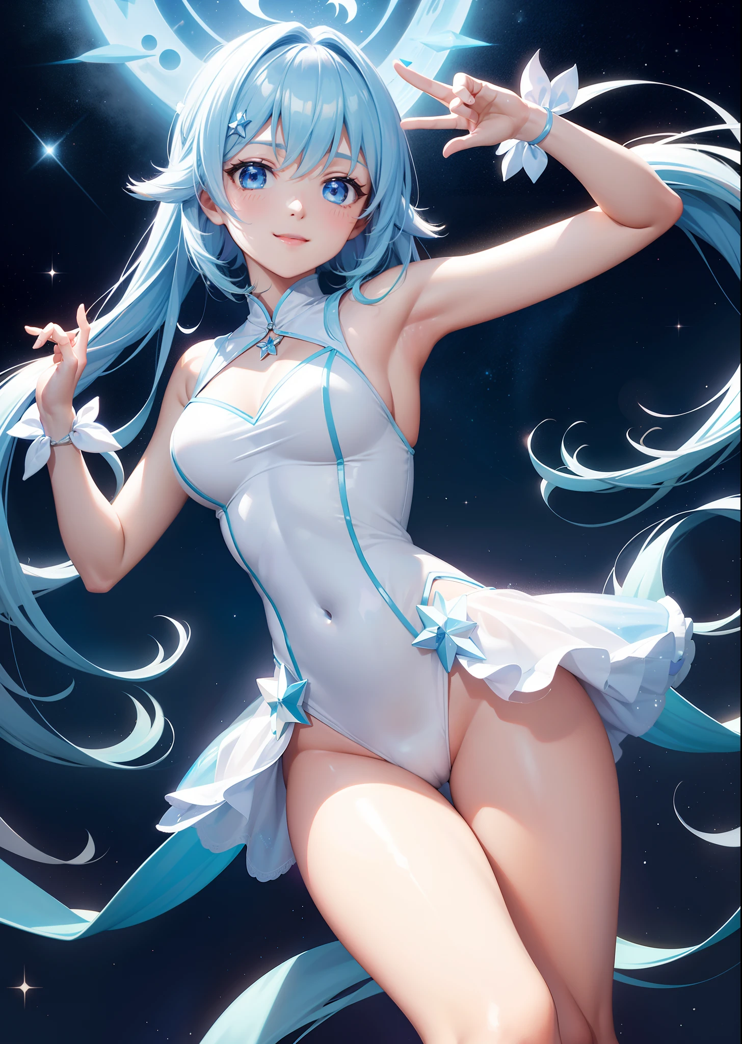 Super Idol　a beauty girl　A charming smile　sky blue hair　length hair　Twin-tailed　Bright sexy leotard outfit in glowing bright cream color　Fantasia　constellation　a moon　Crystal Brilliance　Aurora Borealis in the Night Sky