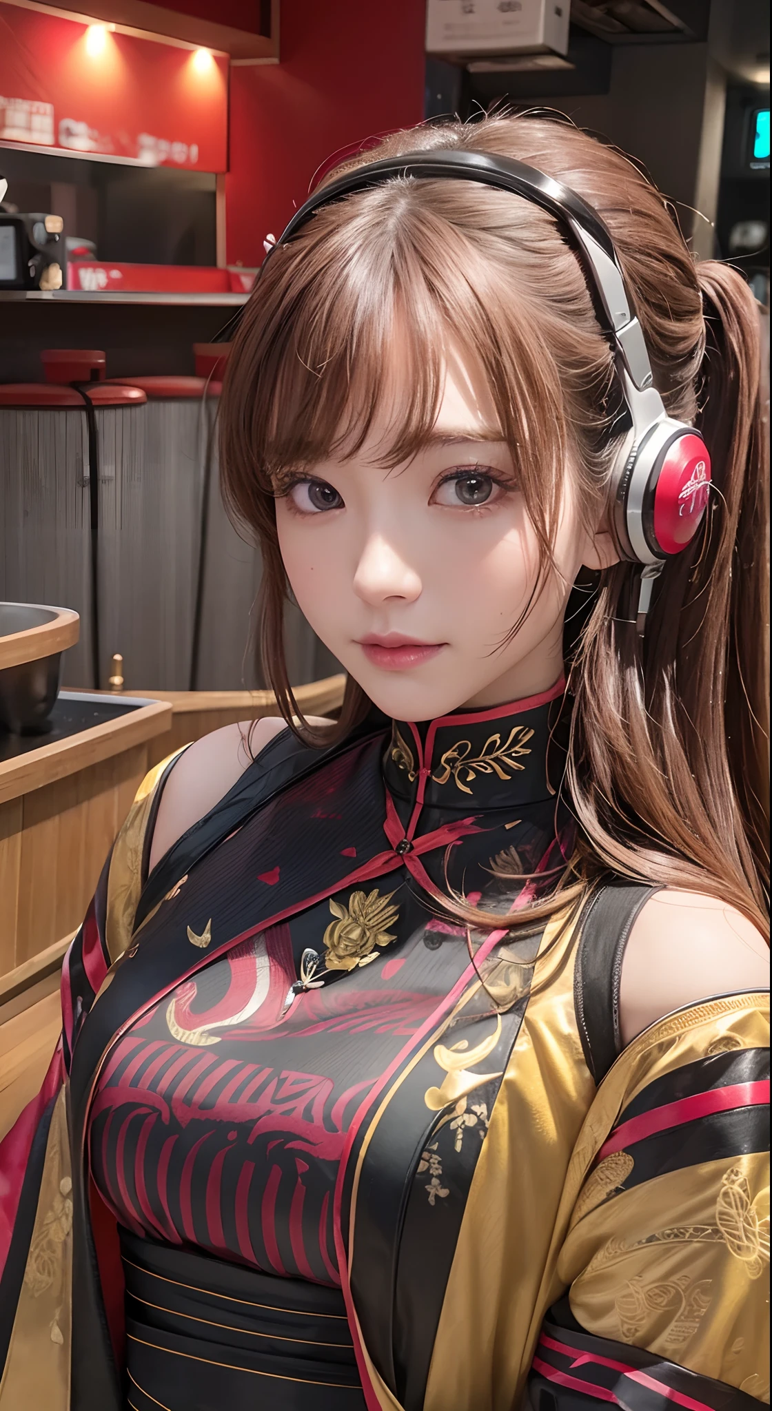 Izakaya，inside restaurant,karaoke,​masterpiece, 1 beautiful girl, Detailed eye, Swollen eyes, top-quality, 超A high resolution, (reality: 1.4), 电影灯光, japanes, a asian beauty, very extremely beautiful, Beautiful skins, A slender, Forward-facing body, (A hyper-realistic), (hight resolution), (8K), (ighly detailed), ( Best Illustration), (beautifully detailed eyes), (ultra-detailliert), 详细的脸, Professional Lighting、The background is a cyberpunk room with a large number of monitors..、The cord is connected from the costume、Hair color is red、small tattoo on face、Female Game Commentator