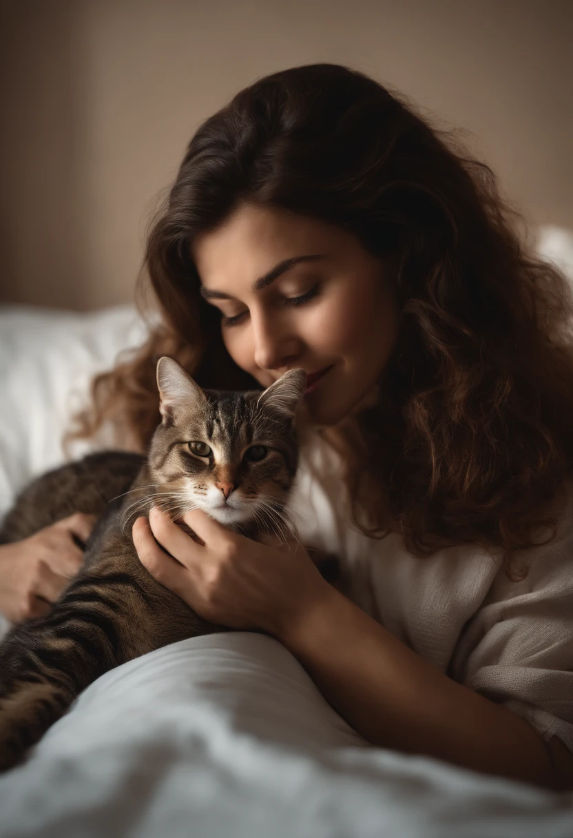 Woman dressed in comfortable clothes on her bed with her cat touching her cat's nose, estilo anos 80, tiro de meio corpo, foto de alta qualidade. realistic
