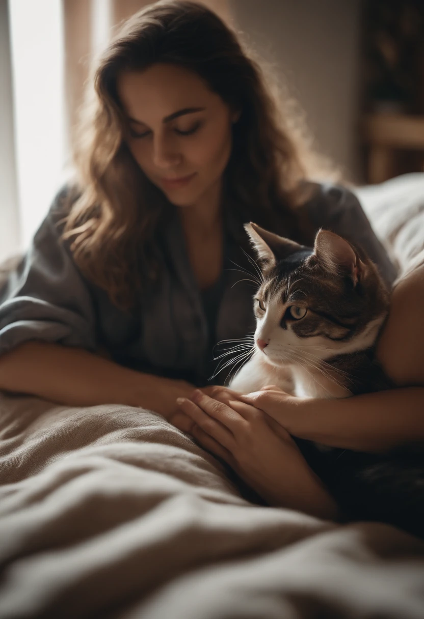 Woman dressed in comfortable clothes on her bed with her cat touching her cat's nose, estilo anos 80, tiro de meio corpo, foto de alta qualidade. realistic