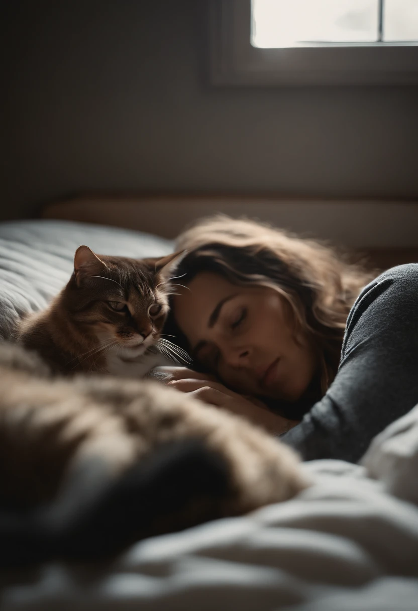 Woman dressed in comfortable clothes on her bed with her cat touching her cat's nose, estilo anos 80, tiro de meio corpo, foto de alta qualidade. realistic