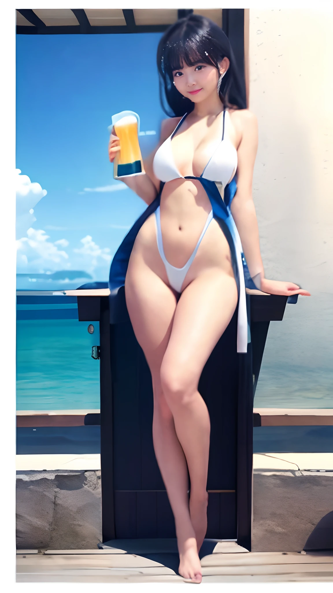 Full body,sexy swimwear,White swimwear，Swimsuit with exposed sides,high-leg swimsuit,Woman Drinking Beer，big brest，slenderbody，Constricted waist，Cute face,Cover of a gravure magazine，shores，top-quality，​masterpiece，Vivid as a photo，Realistic，Photorealistic，Ultra-high delicate，Ray tracing