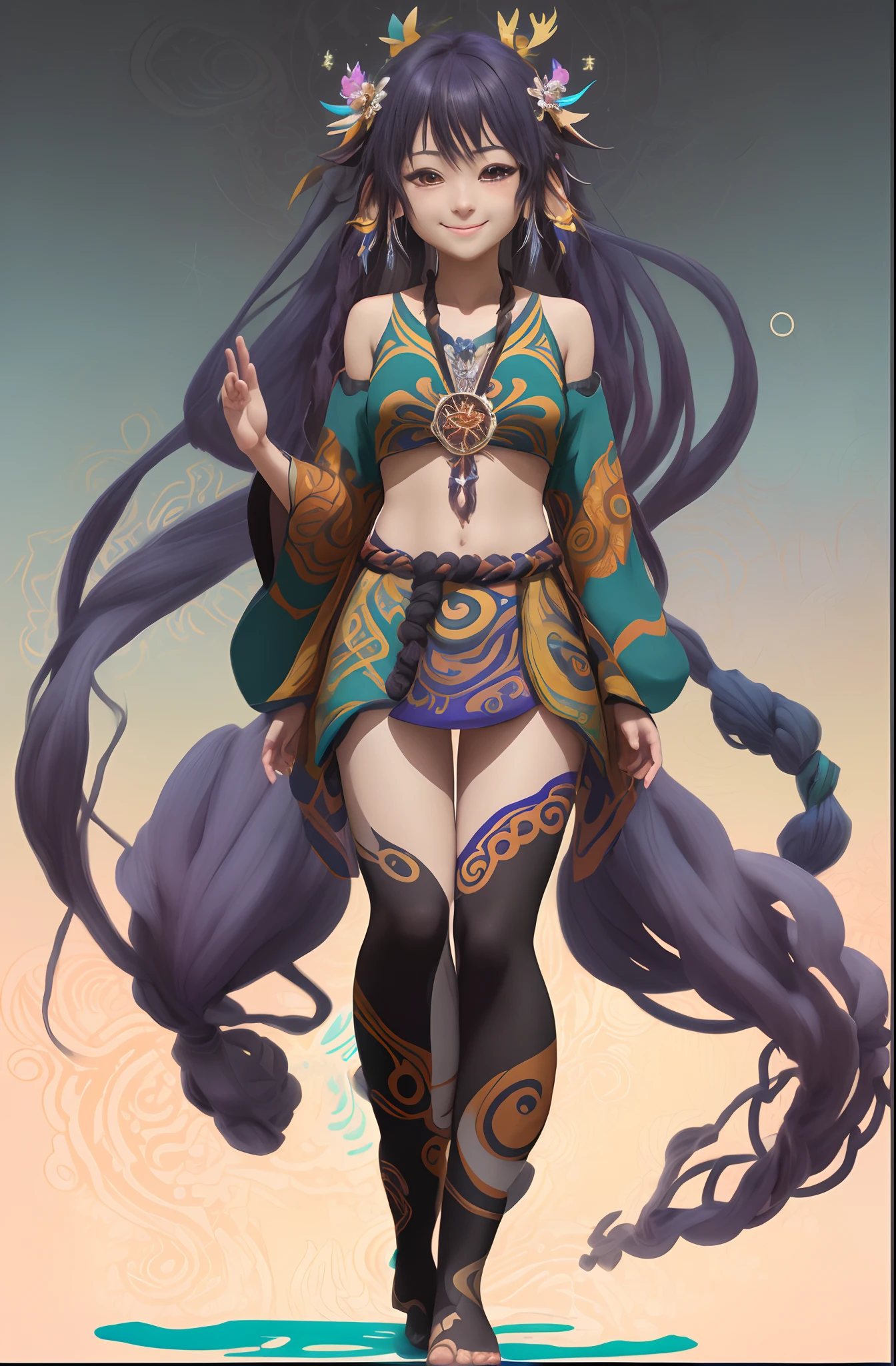 Full body standing), Small full-body shots, Full body,Dreamy journey of abstract native-style ayahuasca、beautiful goddess、 bard, In the style of anime ergo proxies, Character design of Naoyuki Onda, smug smile, Joyful, cute expression, Uneven eyes, Emotionally seductive,