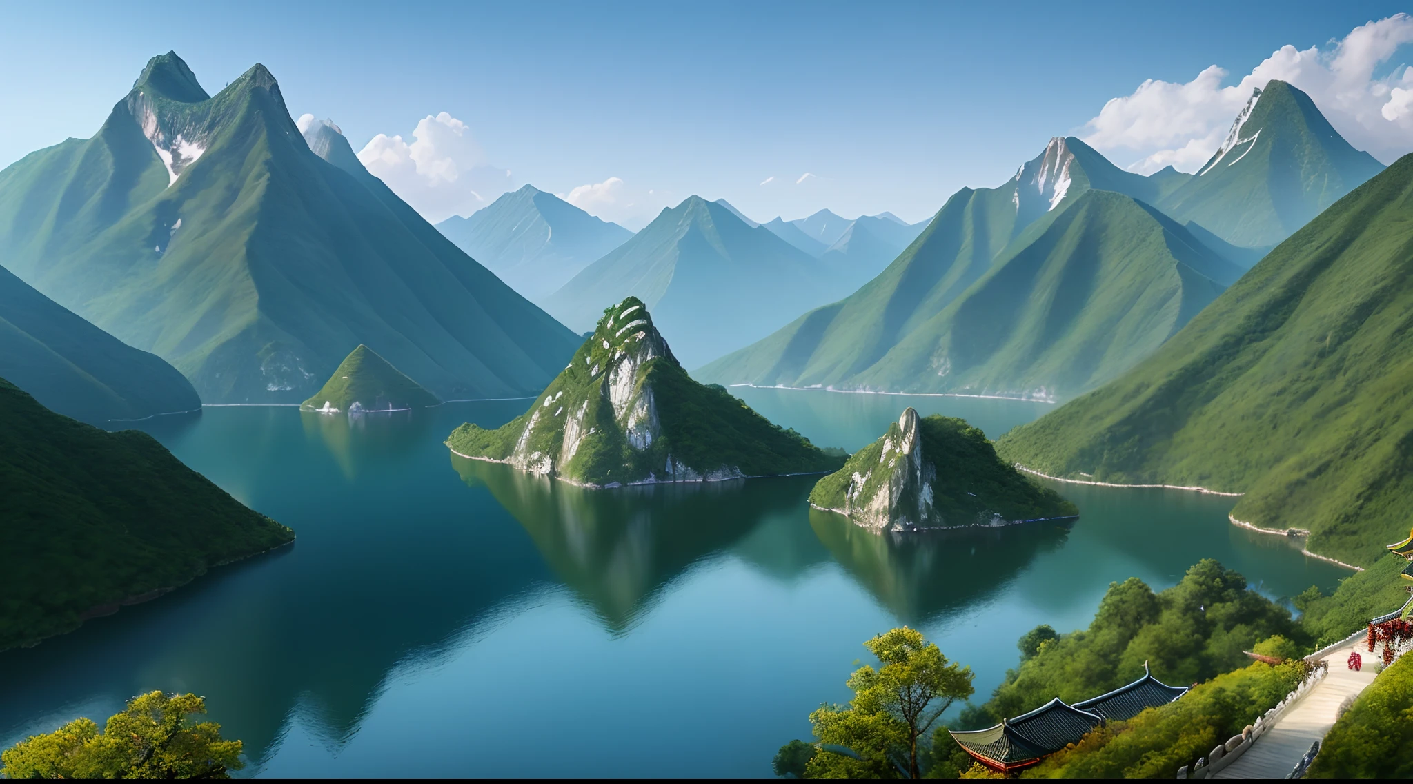 A beautiful Chinese mountain and lake, (masterpiece), (portrait), (raw photo), (highly detailed CG unity 8k wallpaper) intricate, sharp focus, dramatic, realistic art