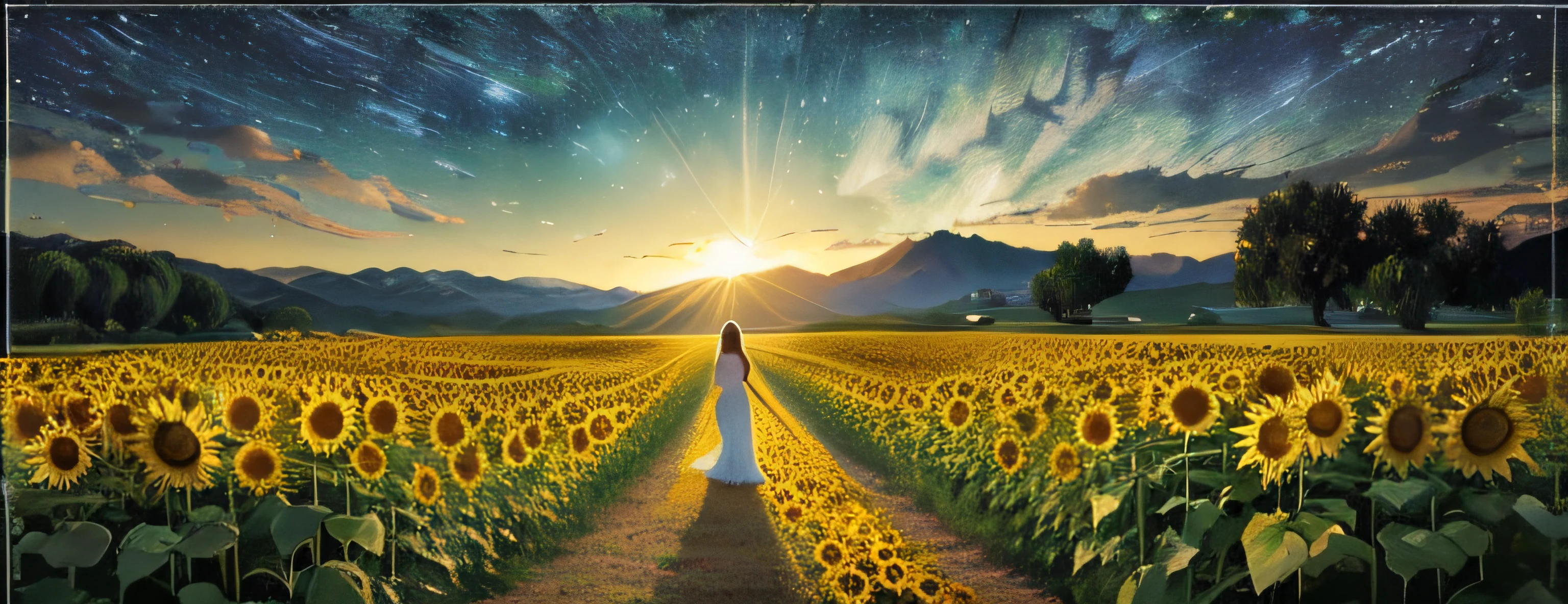 In a sunflower field, in the style of Van Gogh, a woman in a flowing white dress stands at a distance. The field is filled with vibrant and tall sunflowers, their bright yellow and orange petals contrasting against the clear blue sky. The woman's dress softly sways in the gentle breeze as she gazes at the endless expanse of flowers. The details of her face are exquisitely depicted, with beautiful, detailed eyes and lips that bring life to her expression. Delicate brushstrokes capture the texture of the sunflowers, emphasizing their unique shapes and patterns. The sunflowers reach towards the sun, their long stems stretching towards the heavens. The painting showcases an ultra-detailed rendering of the scene, with every individual petal and leaf intricately portrayed. The colors are vivid and vibrant, with a bold and expressive palette reminiscent of Van Gogh's iconic style. The lighting creates a warm and glowing atmosphere, as the sun casts long shadows across the field. The overall image quality is of the highest level, allowing viewers to appreciate every minute detail and brushstroke. The prompt embodies the essence of Van Gogh's artistry, capturing the beauty and charm of nature in a sunflower-filled field, with a distant woman in a white dress adding a touch of mystery and allure to the scene.