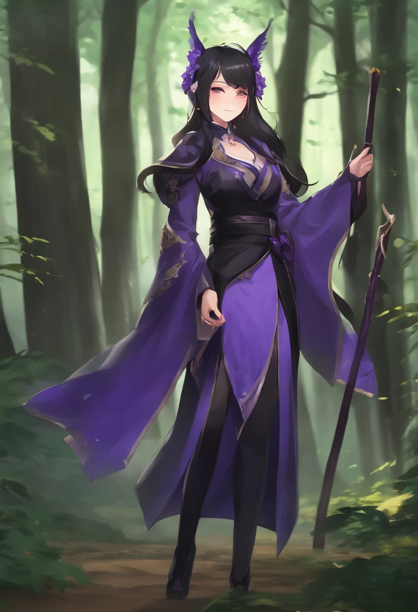 Anime girl in purple and black costume standing in front of the forest, keqing from genshin impact, zhongli from genshin impact, heise jinyao, Ayaka Genshin Impact, anime moe art style, black - haired mage, demon slayer rui fanart, ayaka game genshin impact, yun ling, inspired by Song Maojin